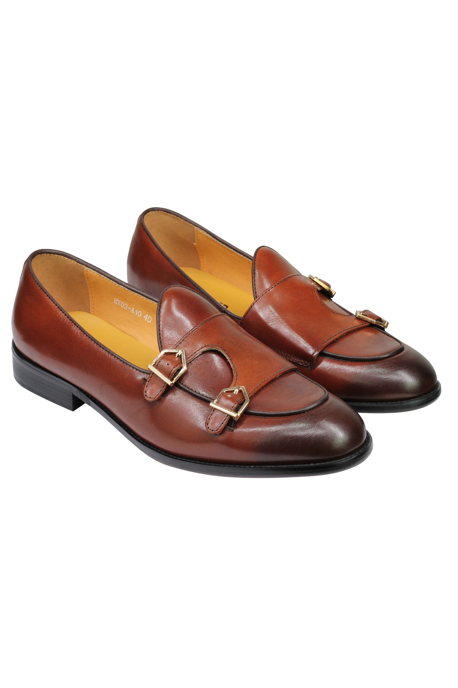 Real Leather Double Monk Retro Loafers Brown