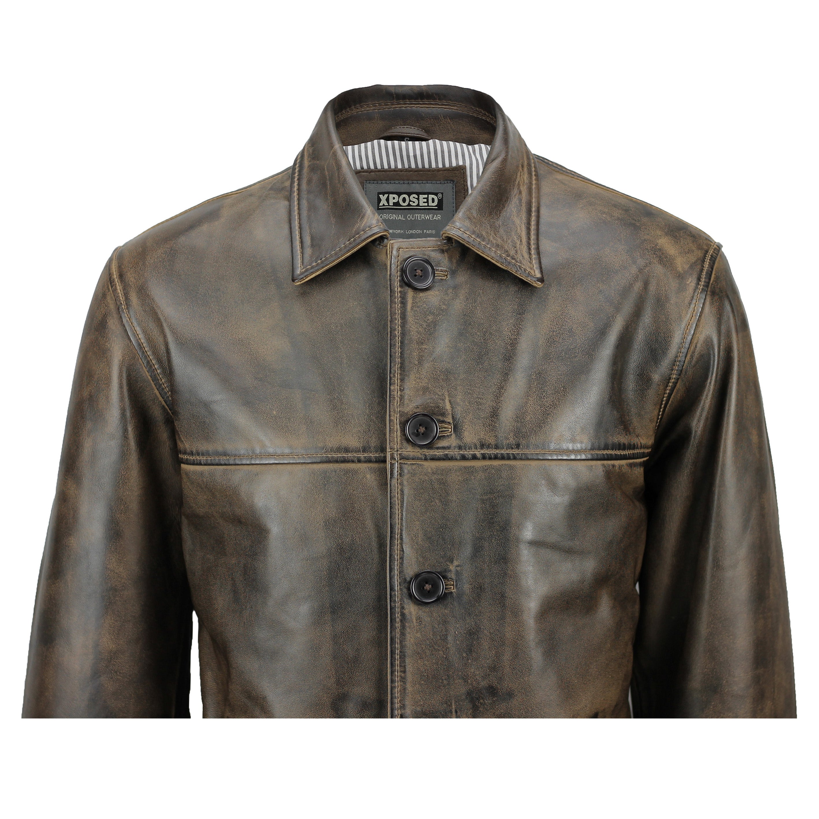 Mens Real Leather Vintage Box Jacket Antique Washed Brown Classic Reefer Coat