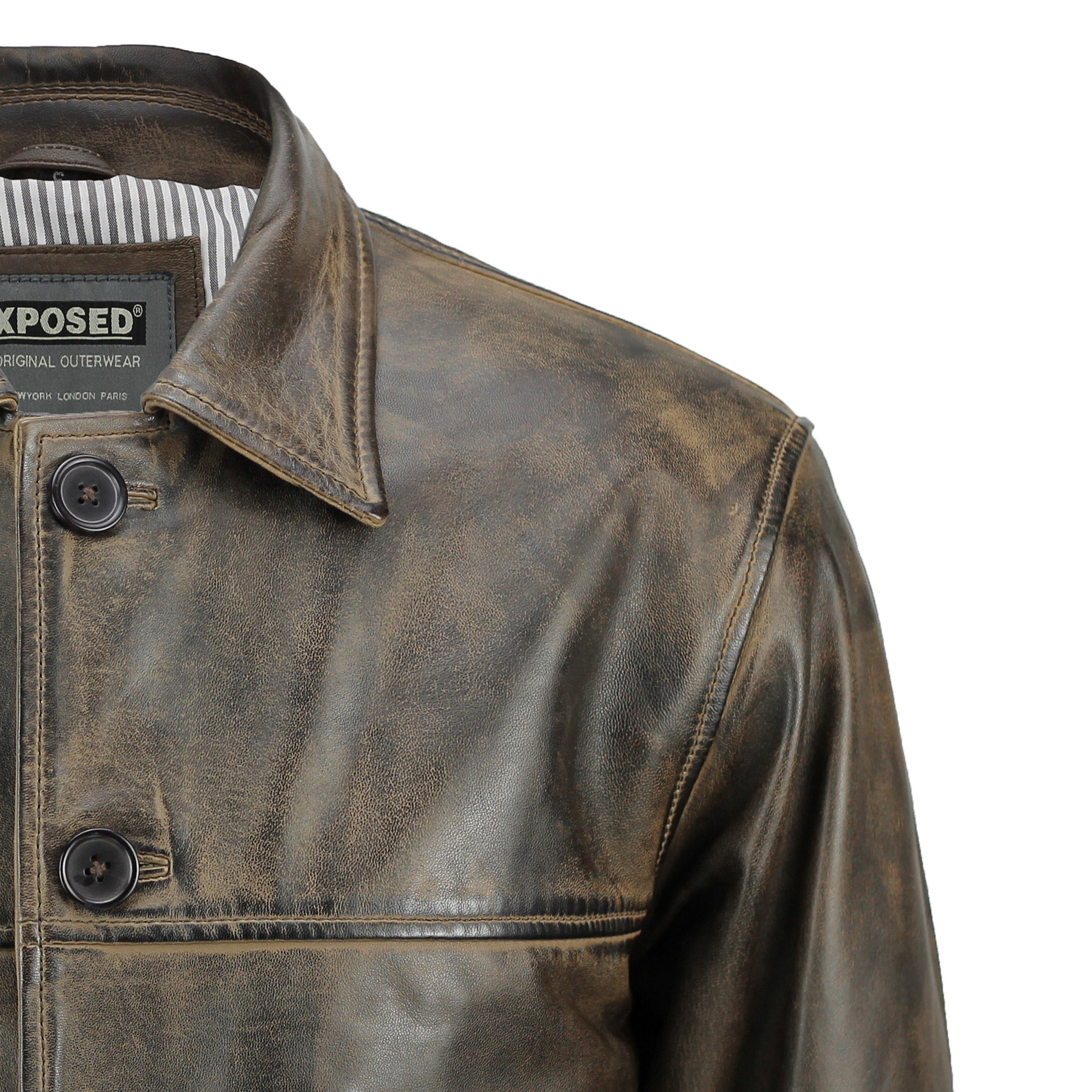 Mens Real Leather Vintage Box Jacket Antique Washed Brown Classic Reef XPOSED