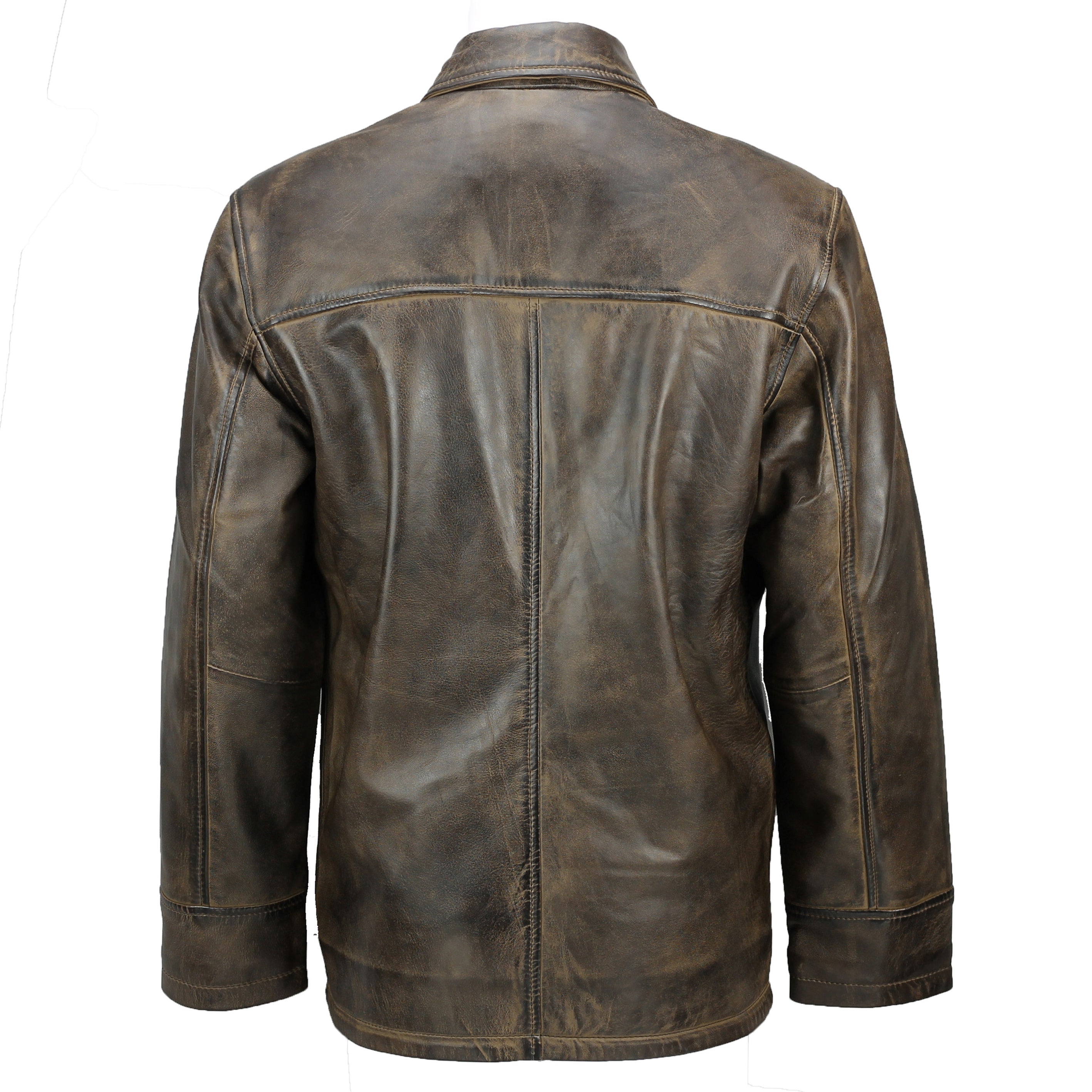 Mens Real Leather Vintage Box Jacket Antique Washed Brown Classic Reefer Coat