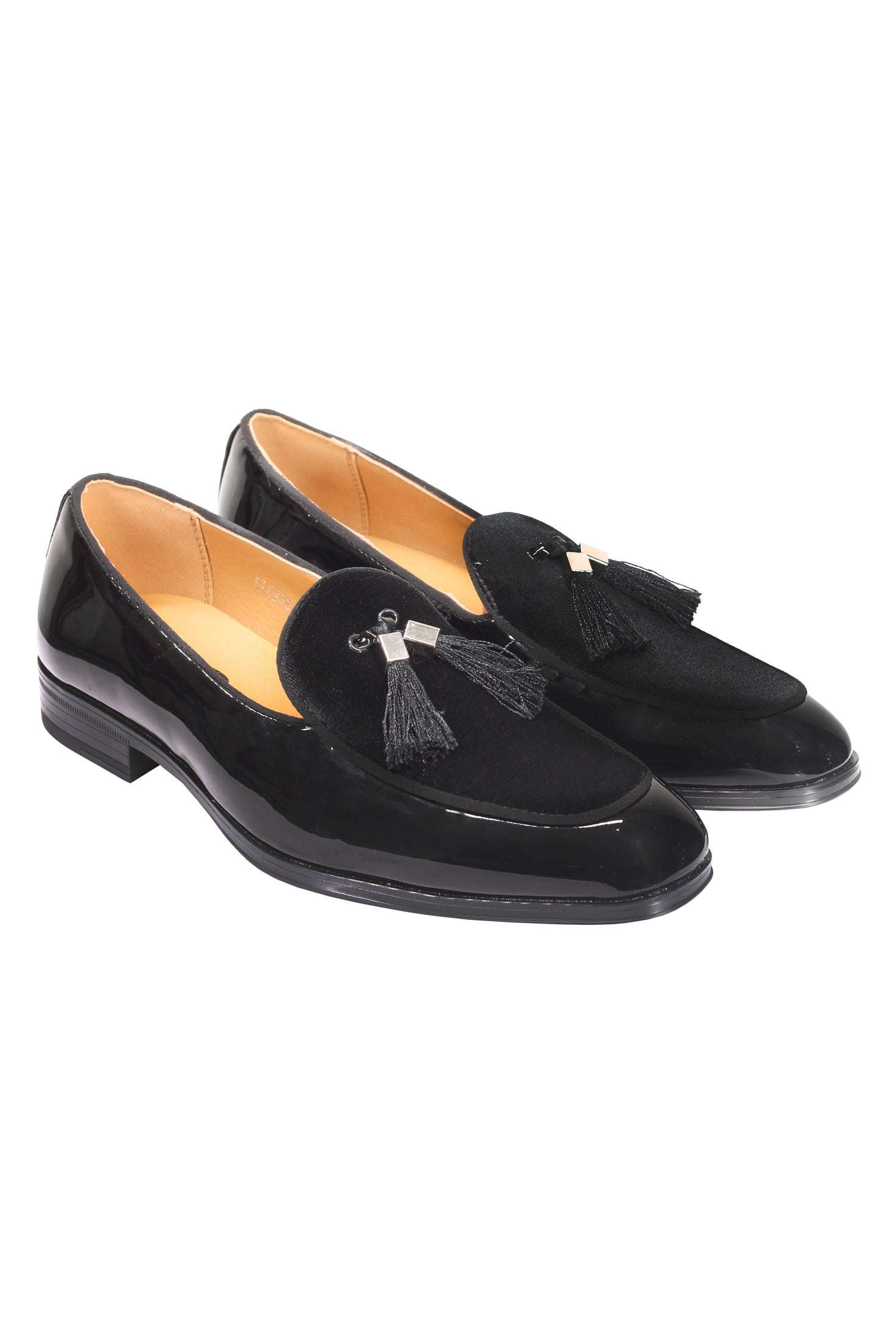 BLACK SHINY FAUX LEATHER TASSEL LOAFERS