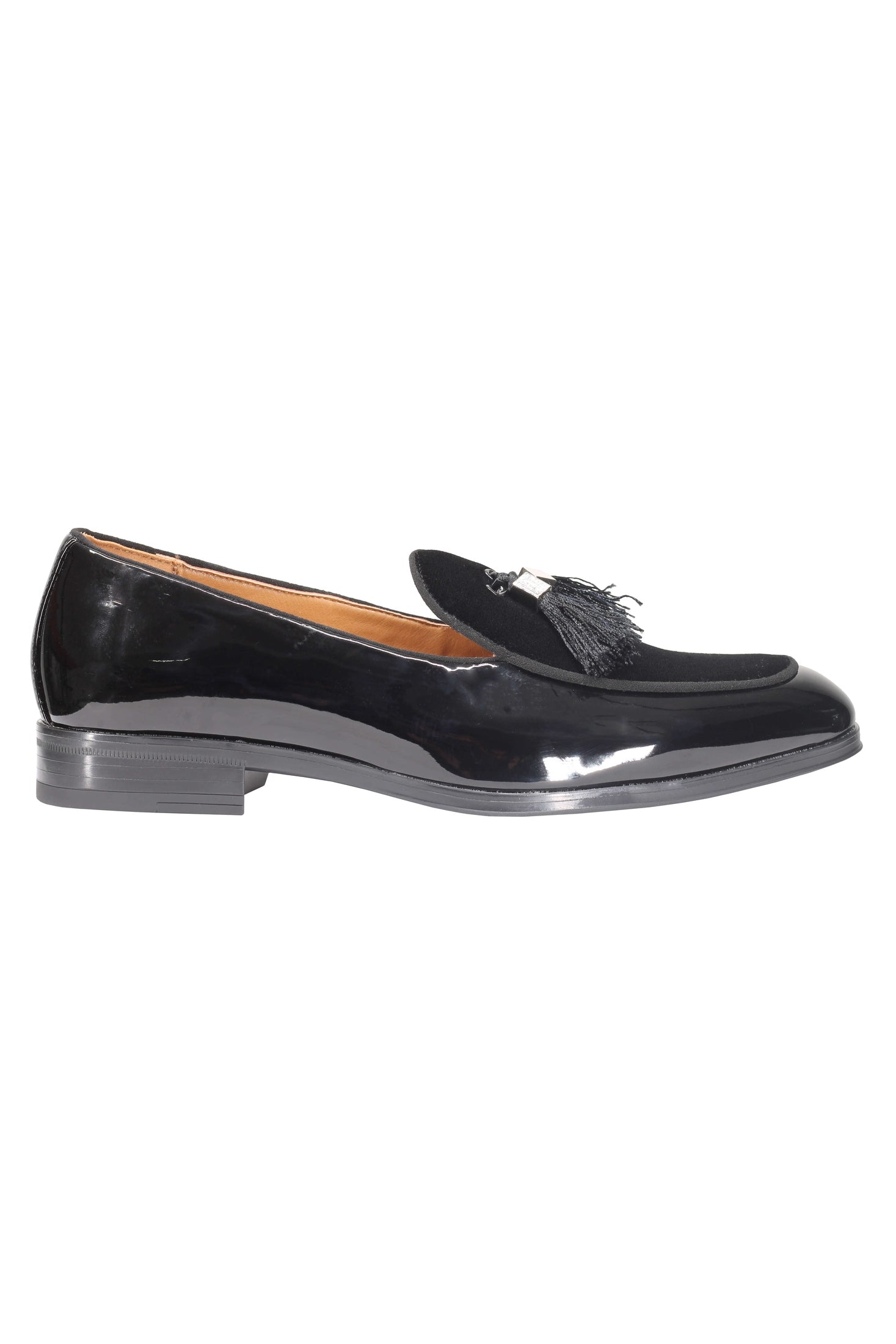 BLACK SHINY FAUX LEATHER TASSEL LOAFERS