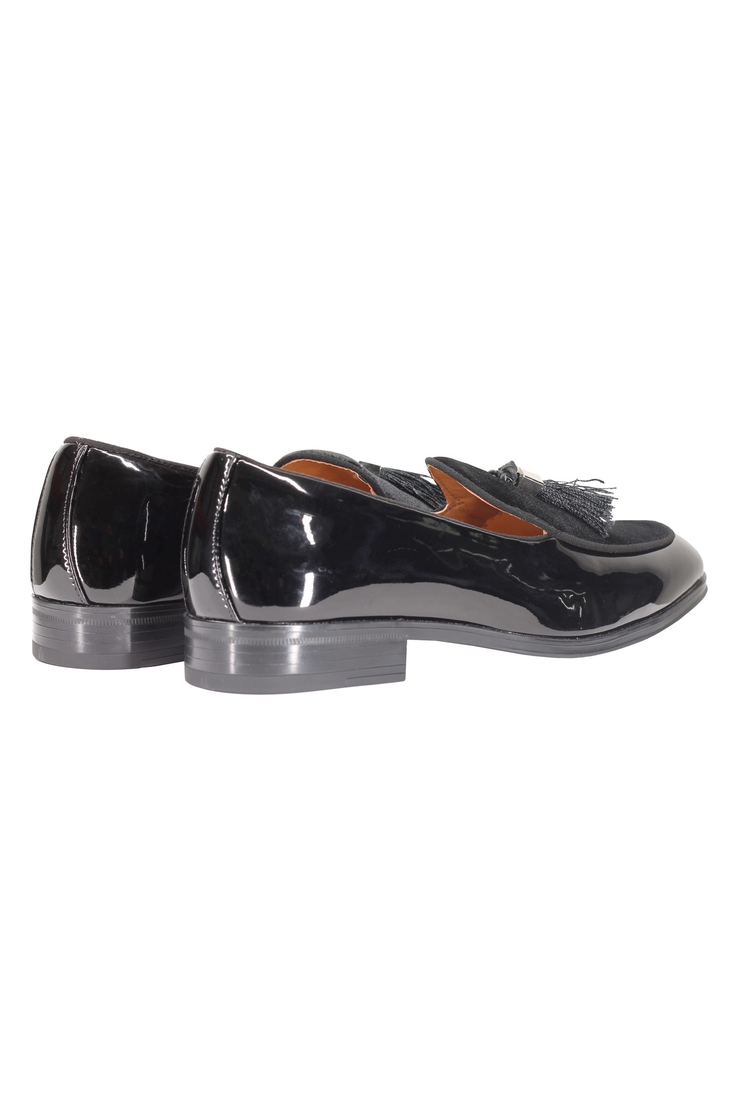 BLACK SHINY FAUX LEATHER TASSEL LOAFERS