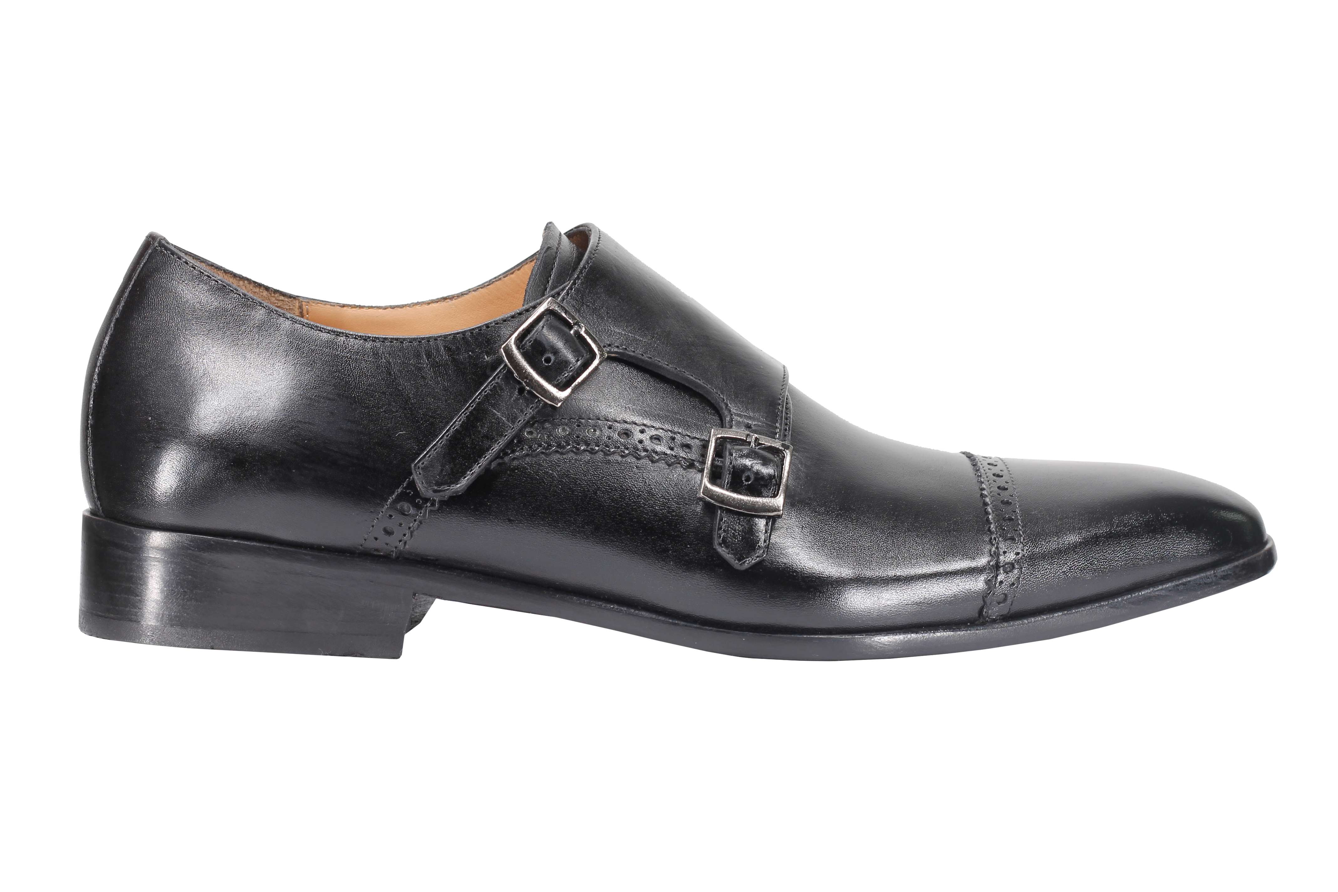 BLACK CALF LEATHER SEMI BROGUE MONK SHOES