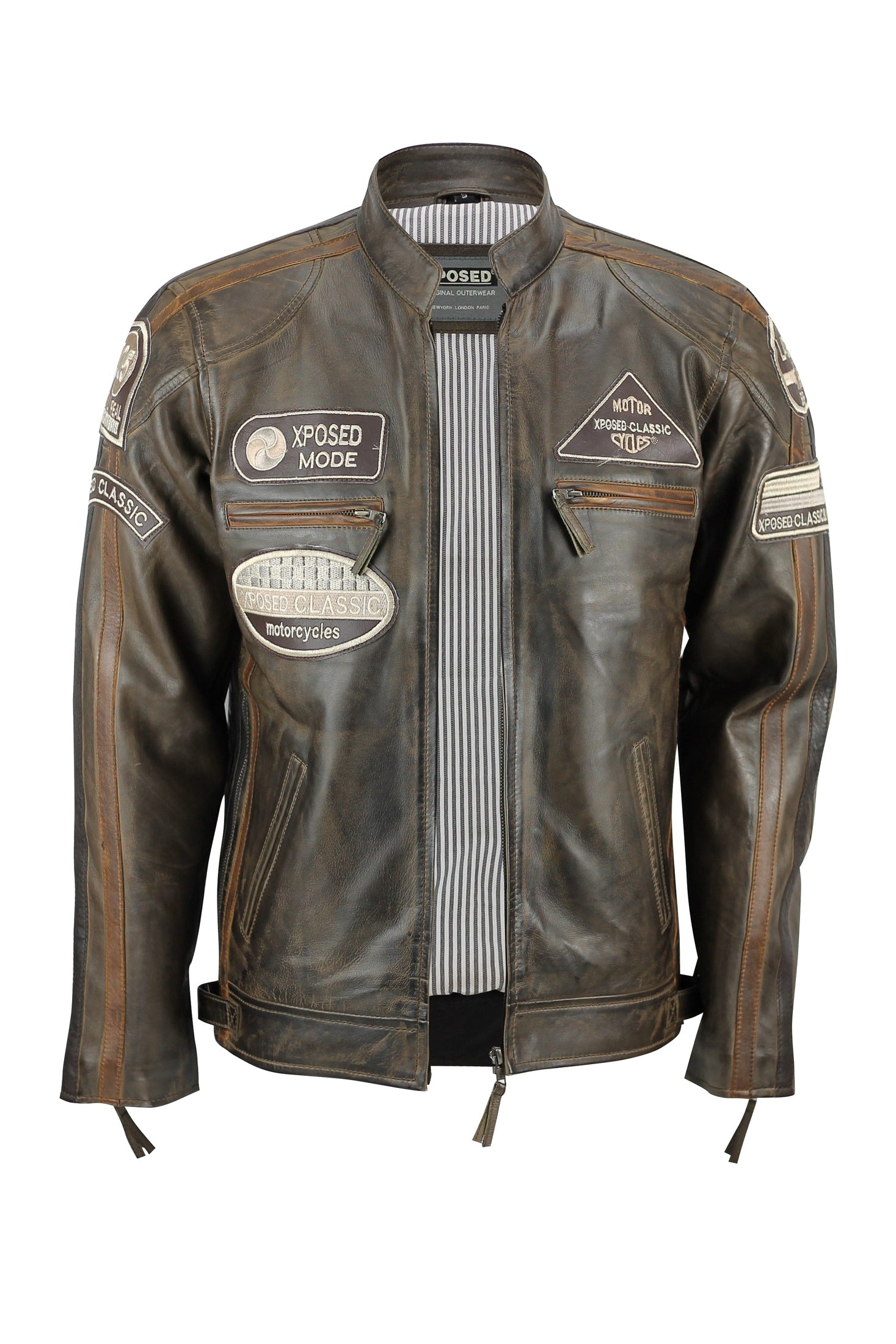 XPOSED REAL LEATHER BIKER SLIM FIT JACKET IN BROWN