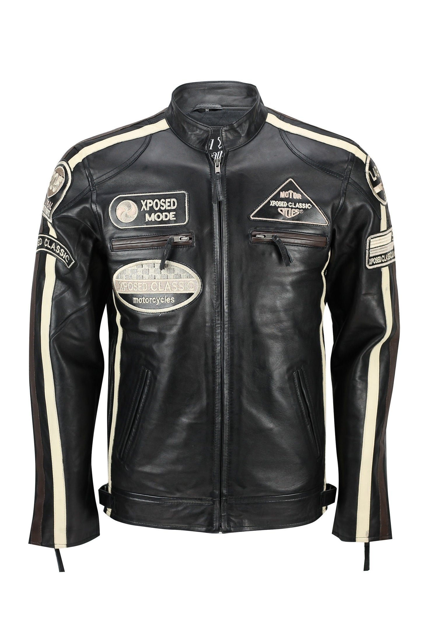 XPOSED REAL LEATHER BIKER SLIM FIT BLACK JACKET