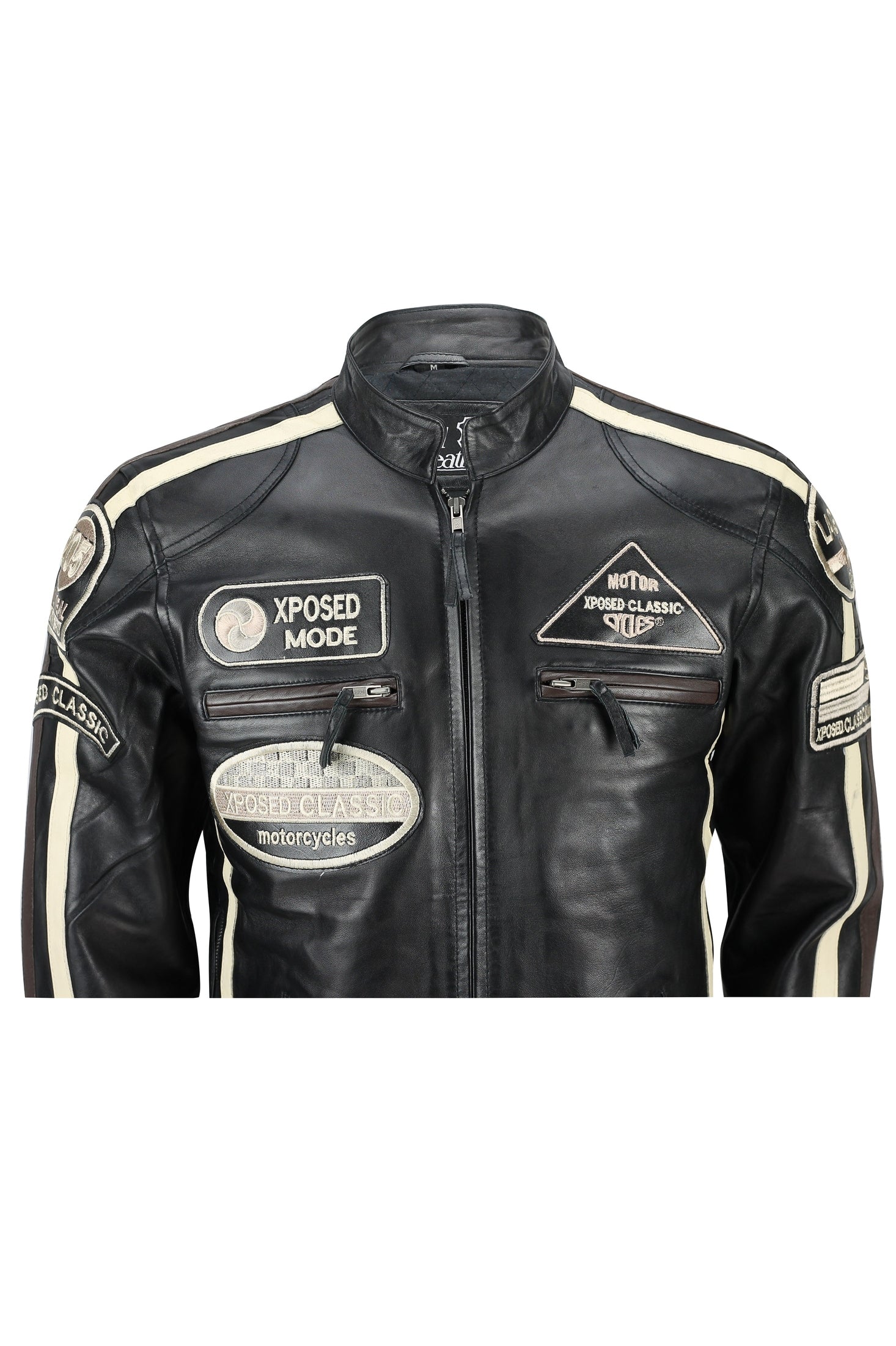 XPOSED REAL LEATHER BIKER SLIM FIT BLACK JACKET