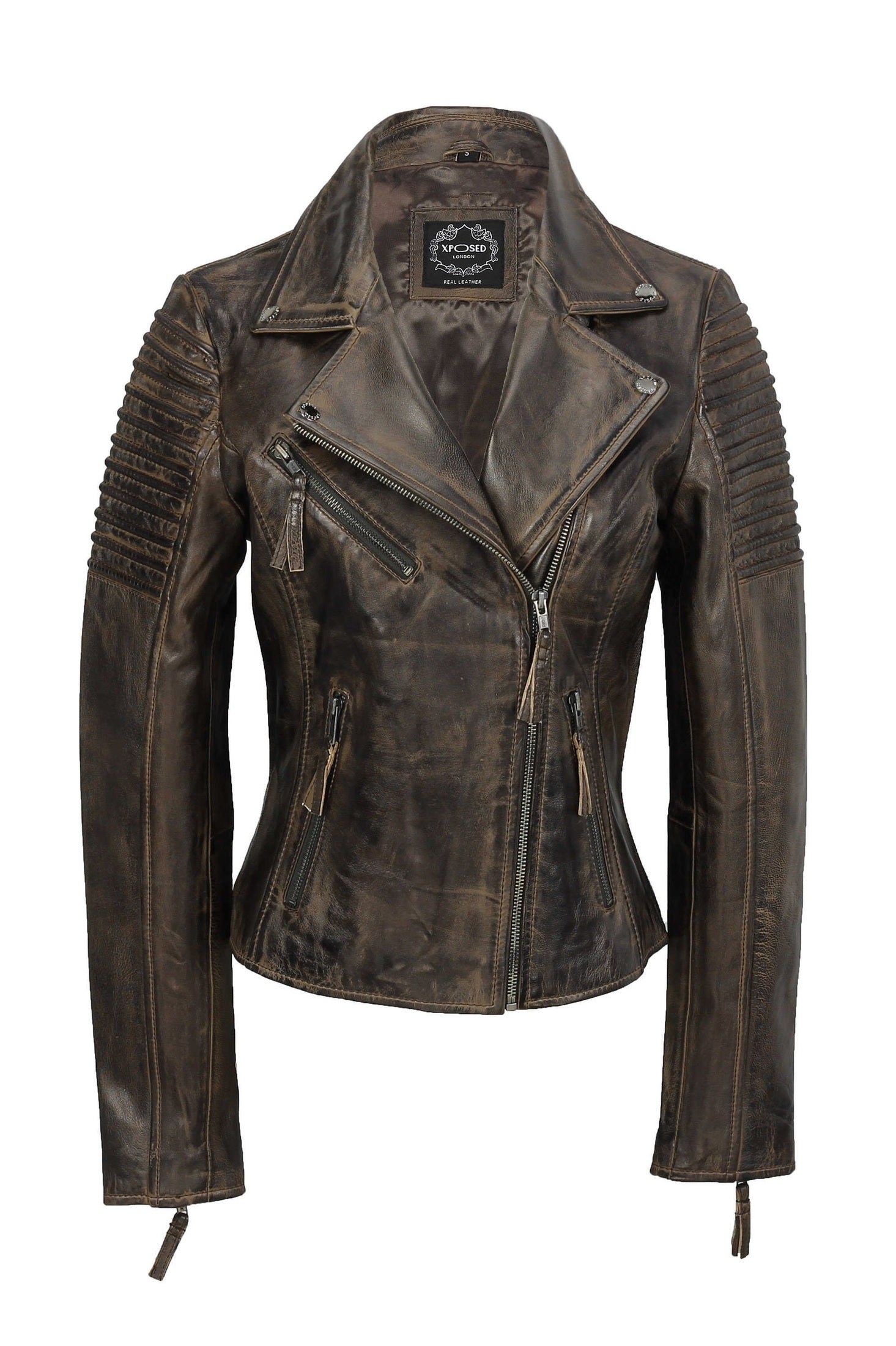 Brown Ladies Retro Leather Biker Jacket