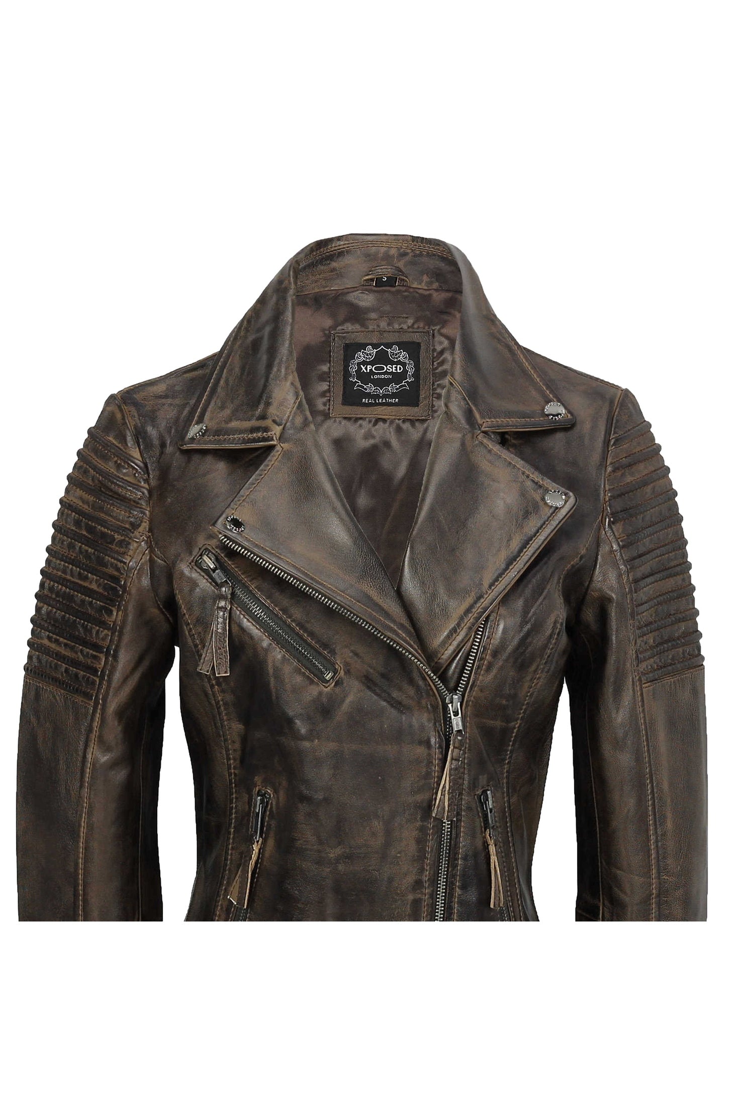Brown Ladies Retro Leather Biker Jacket