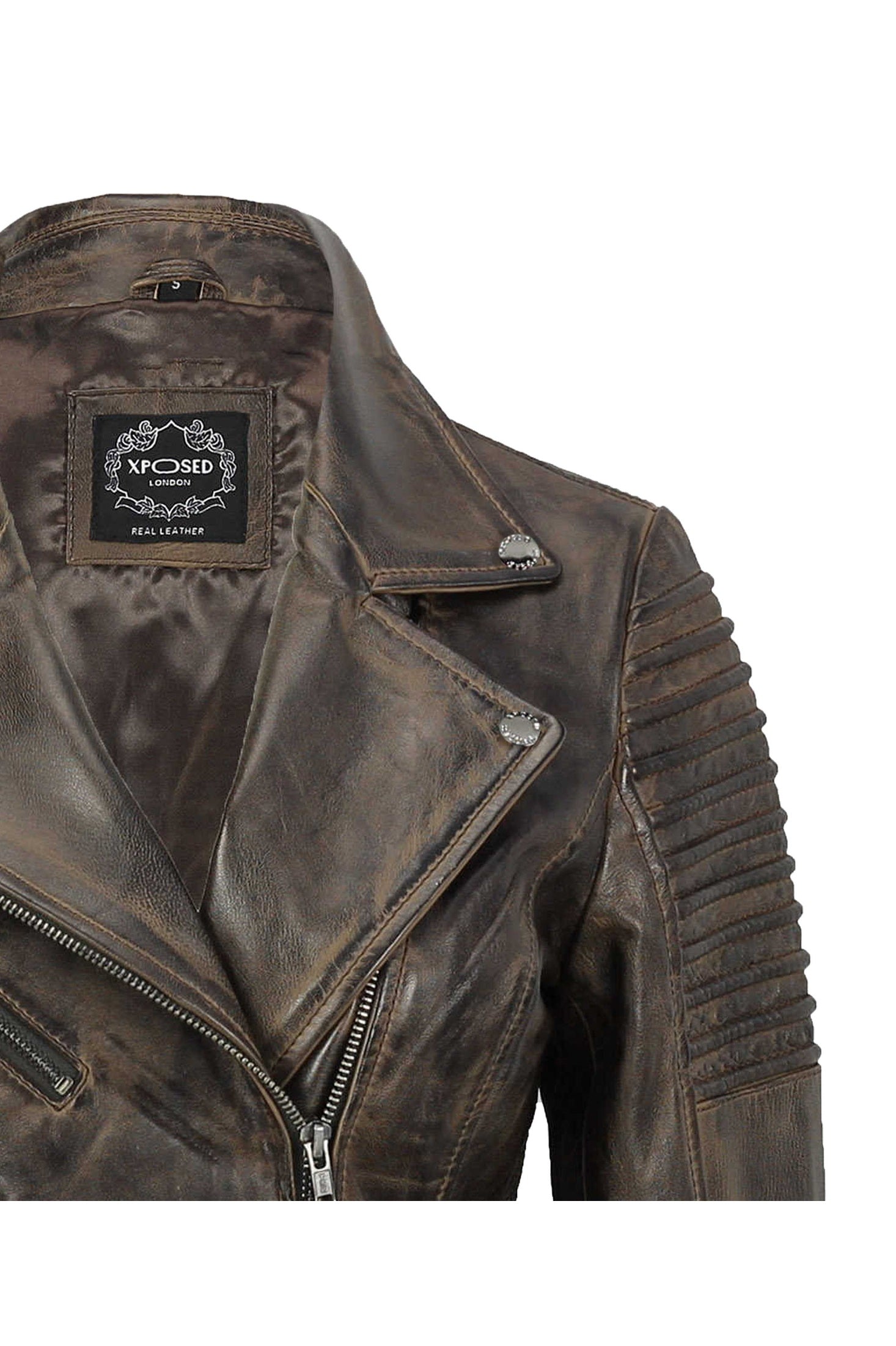 Brown Ladies Retro Leather Biker Jacket