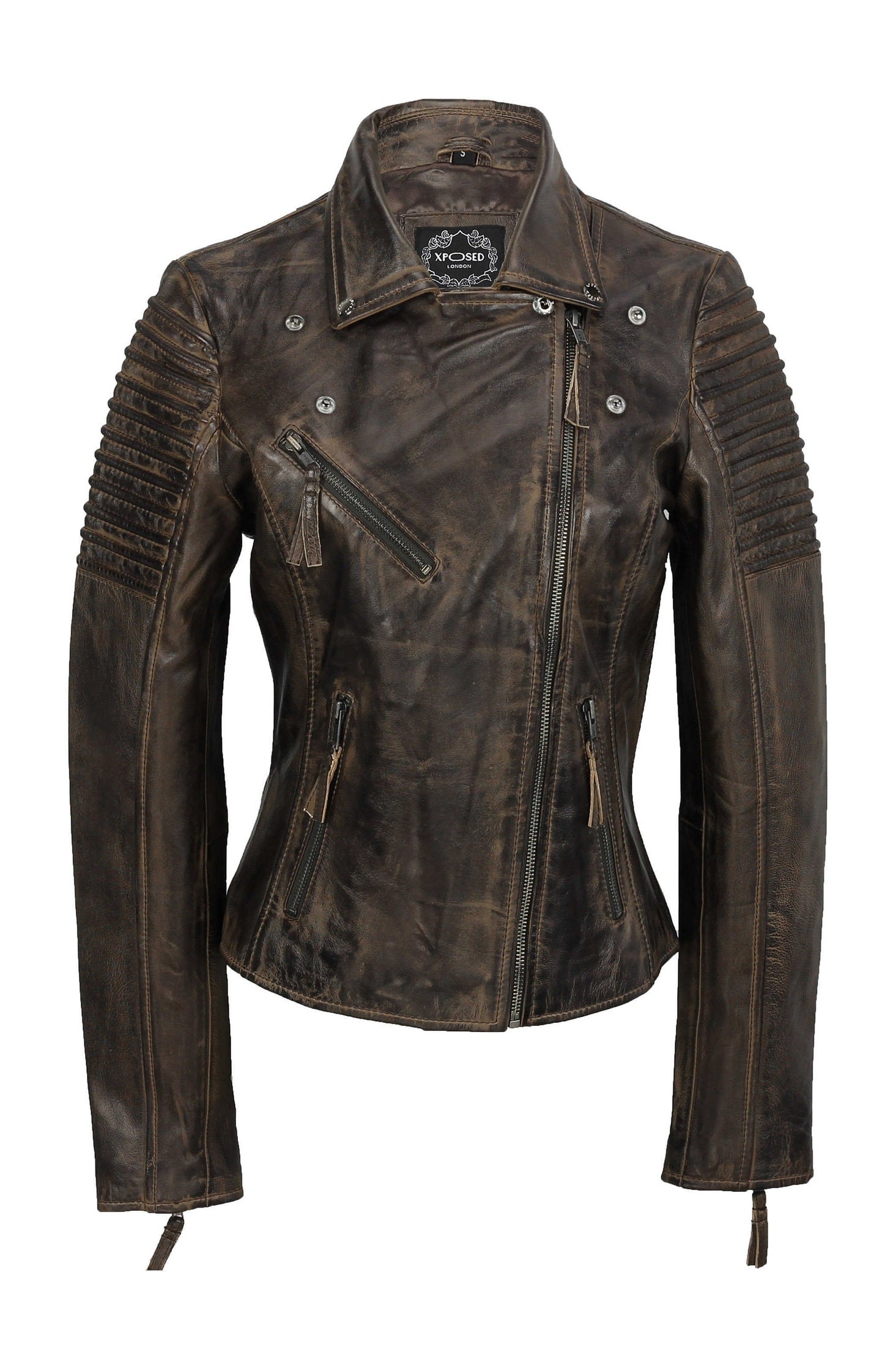 Brown Ladies Retro Leather Biker Jacket
