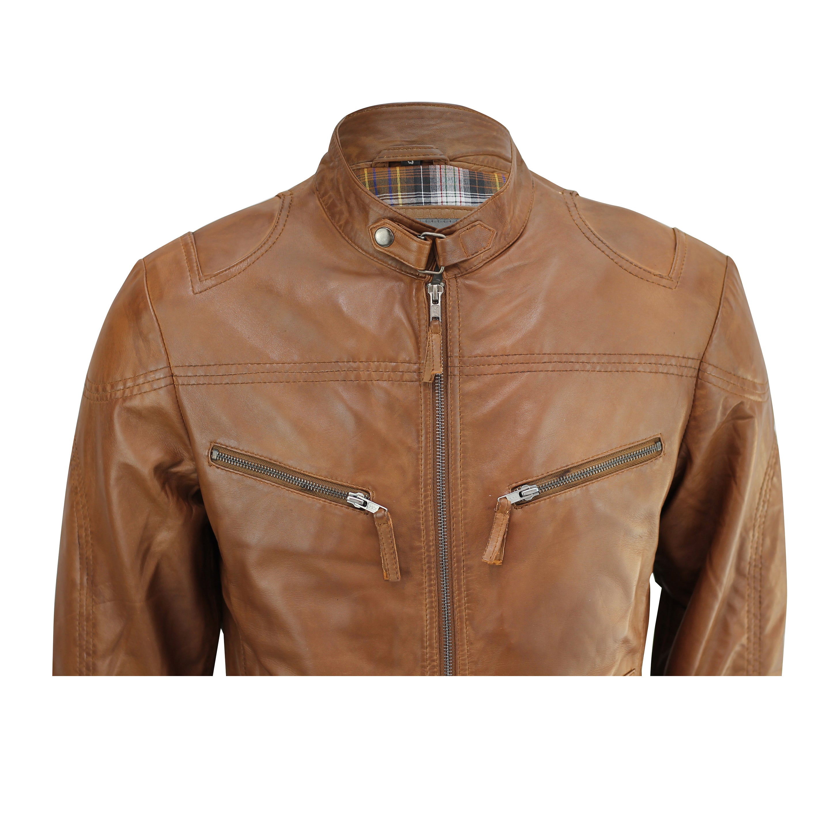 Mens Real Leather Biker Jacket Vintage Wood Brown Slim Fit Retro Smart Casual