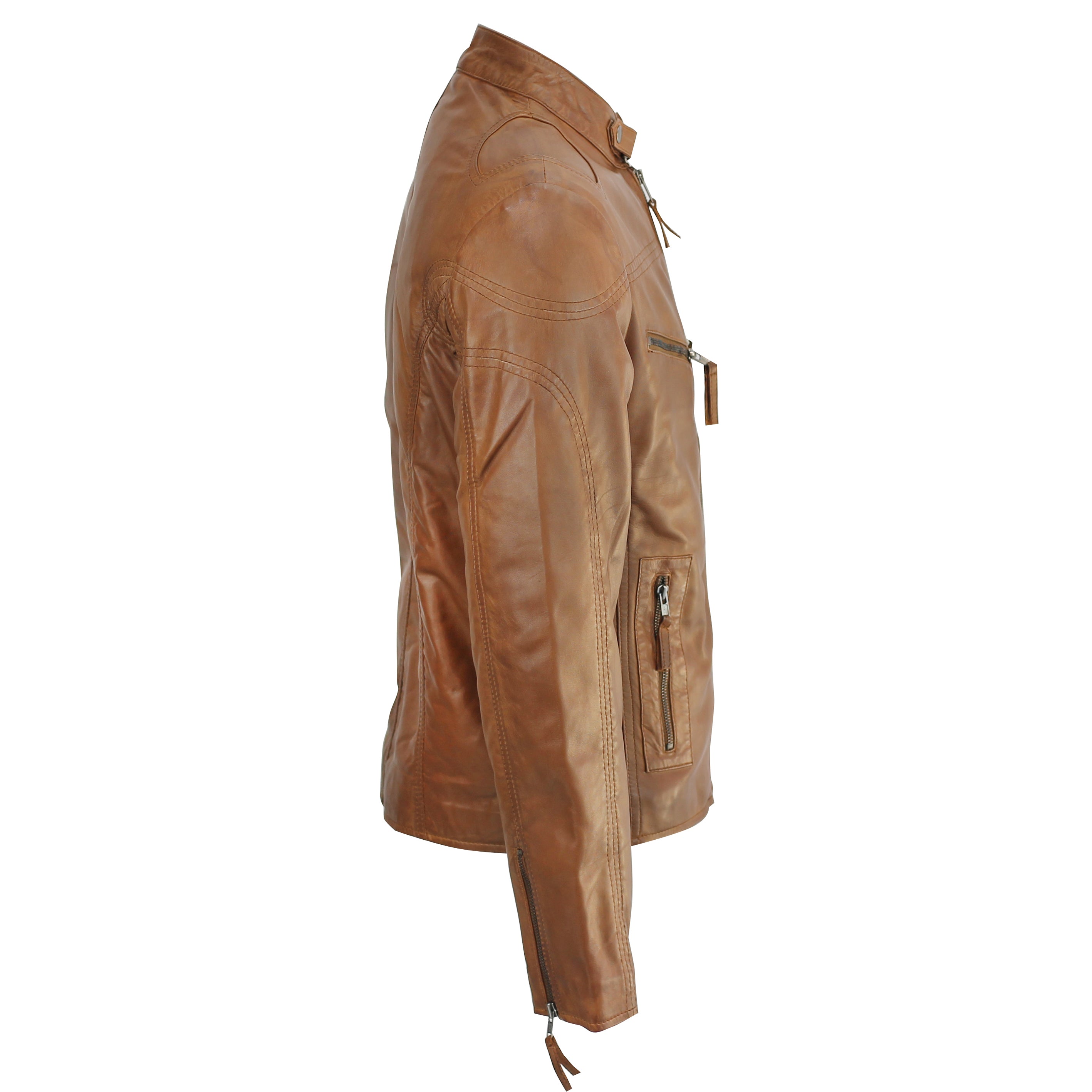 Mens Real Leather Biker Jacket Vintage Wood Brown Slim Fit Retro Smart Casual