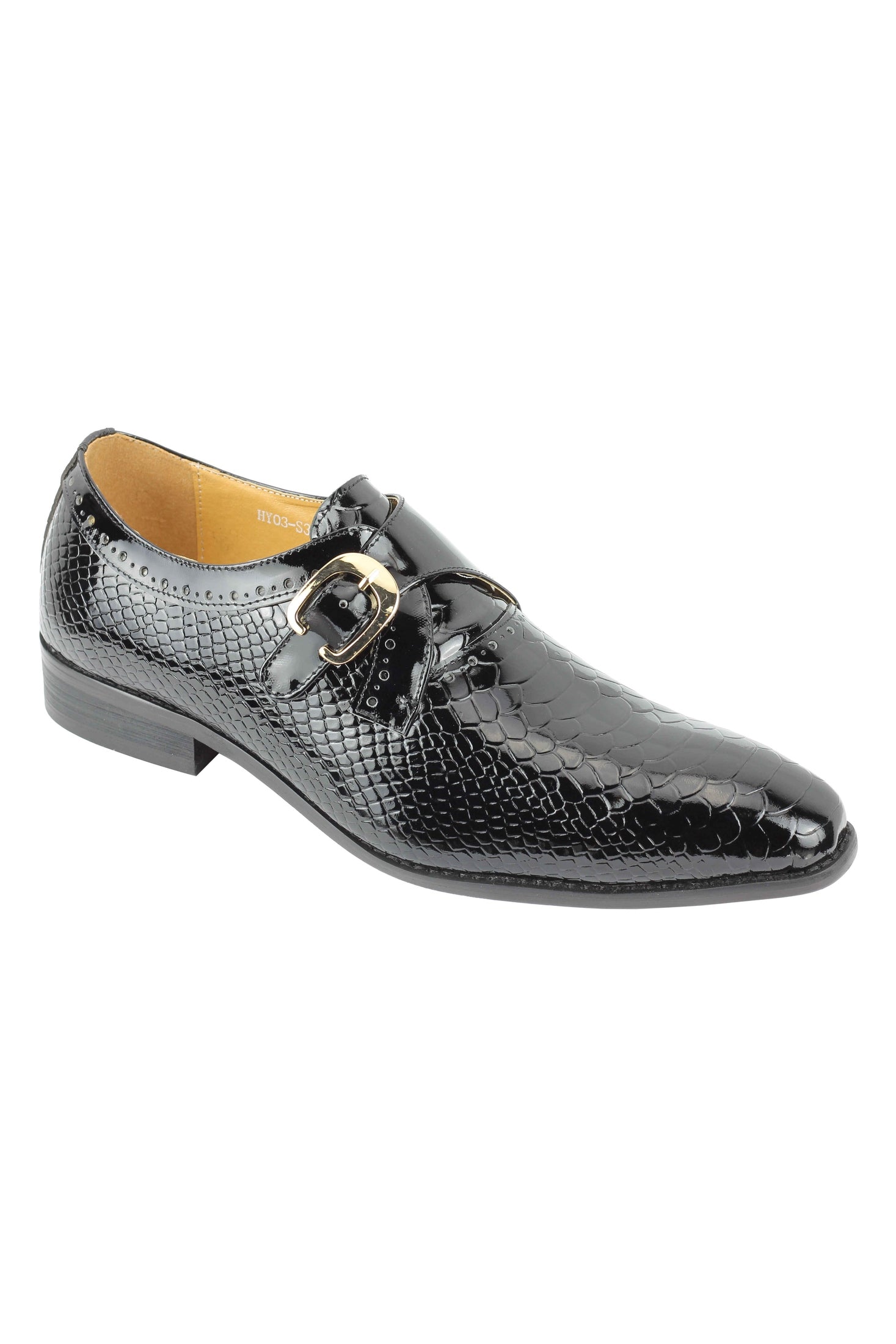 Black Printed Leather Shoes With Monk