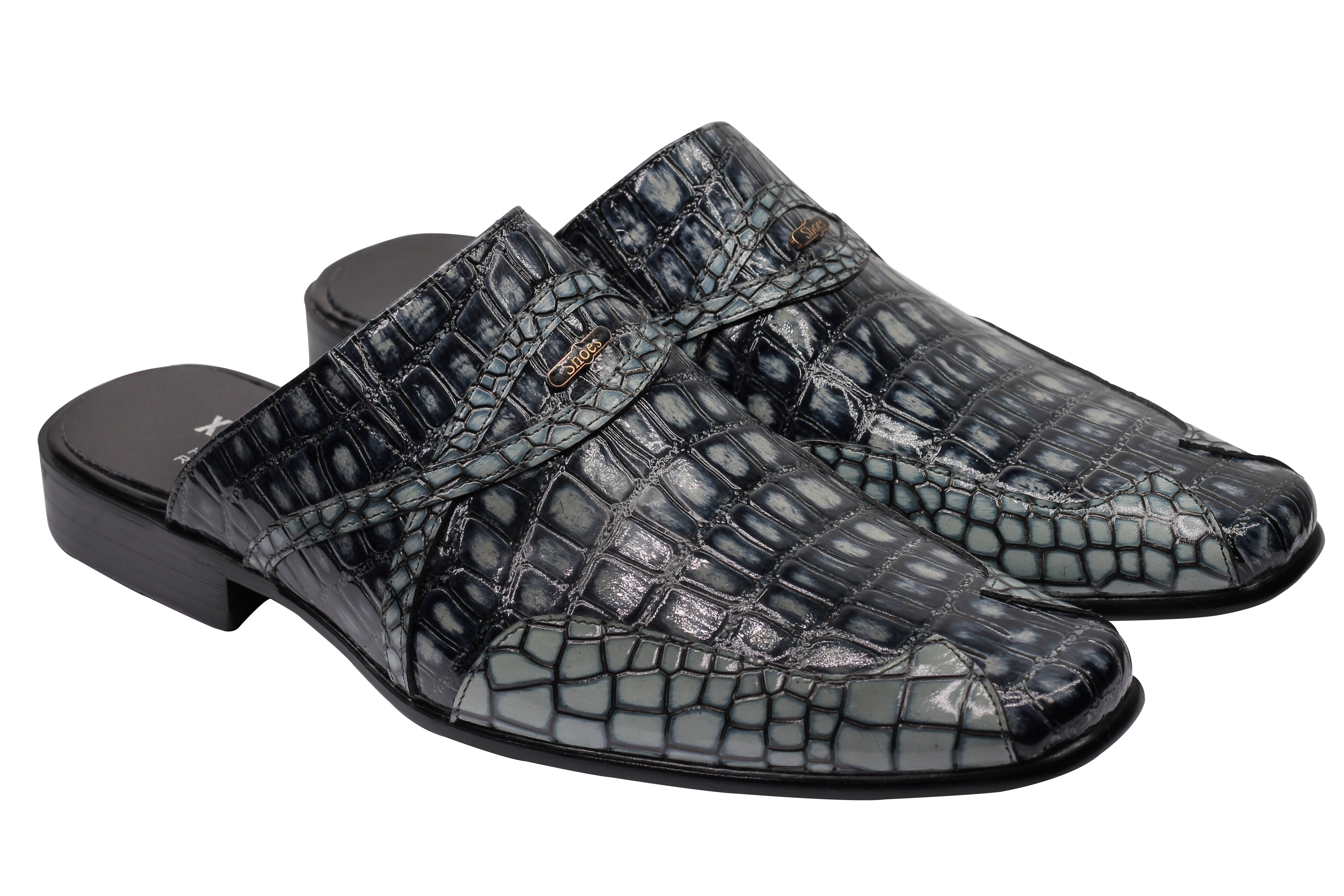 REAL LEATHER BLACK GREY SHINY PRINTED HALF SHOES