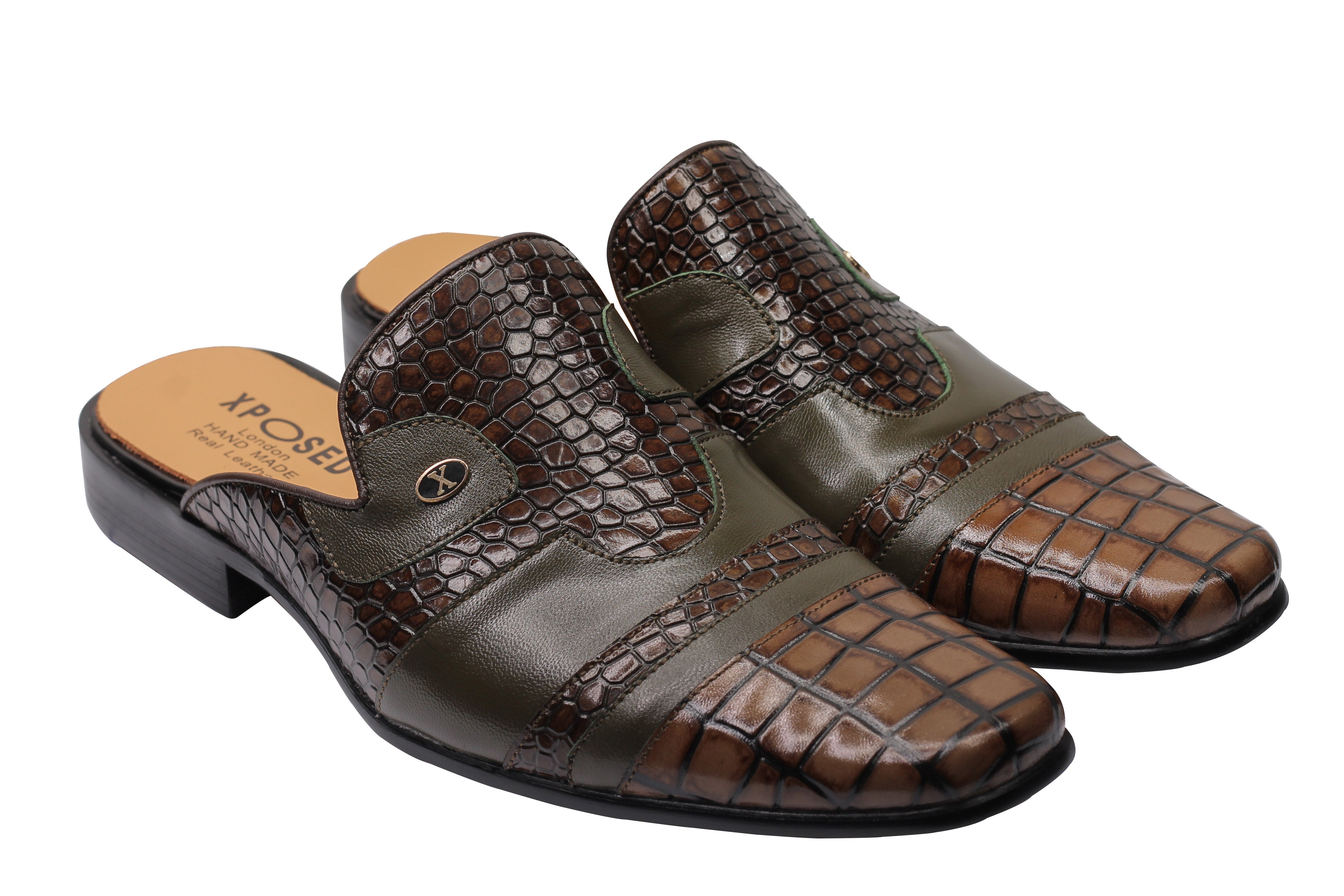 REAL LEATHER BROWN PRINTED HALF SHOE IN GREEN