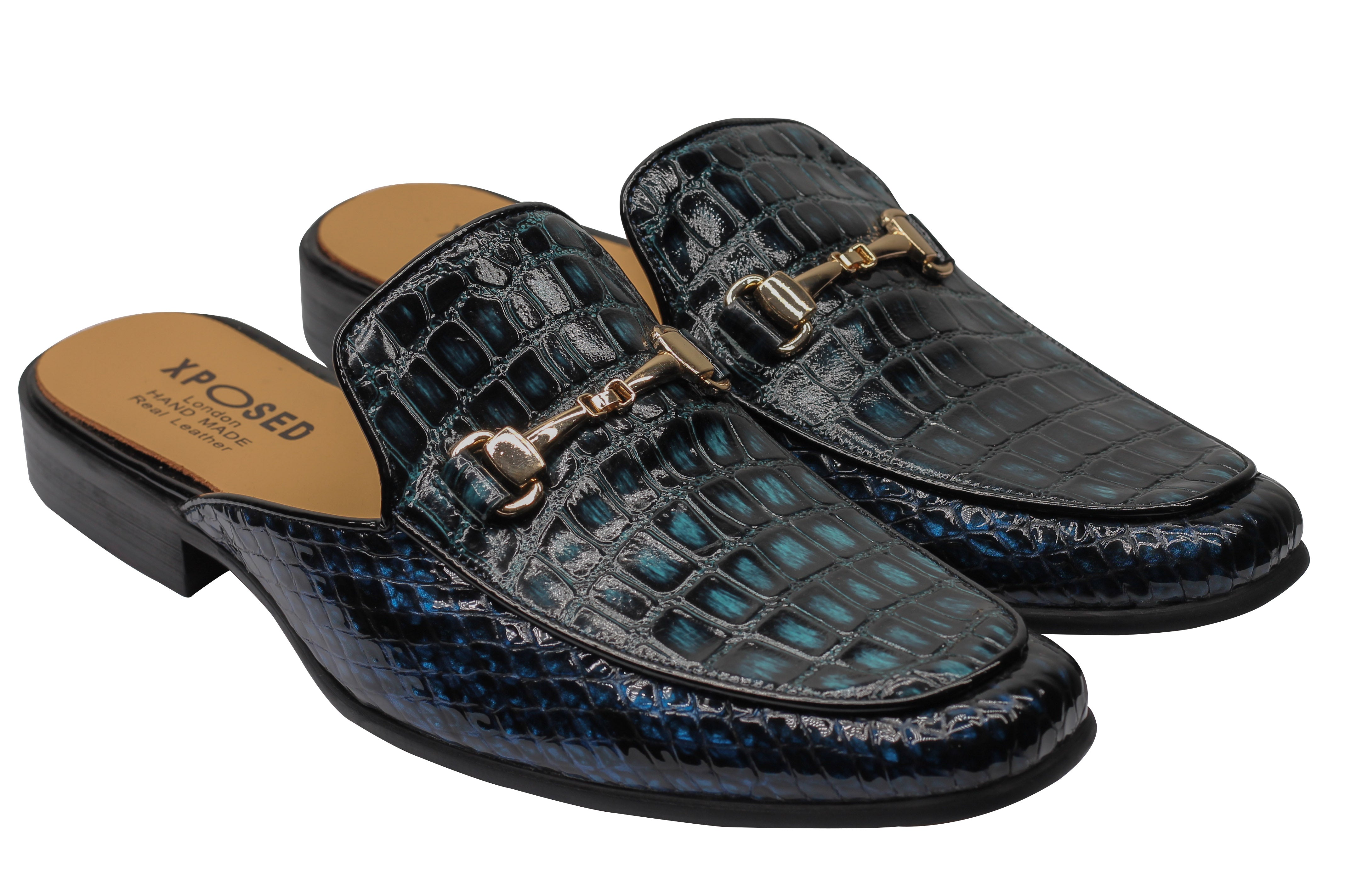 REAL LEATHER SHINY PRINTED HALF SHOES IN BLUE