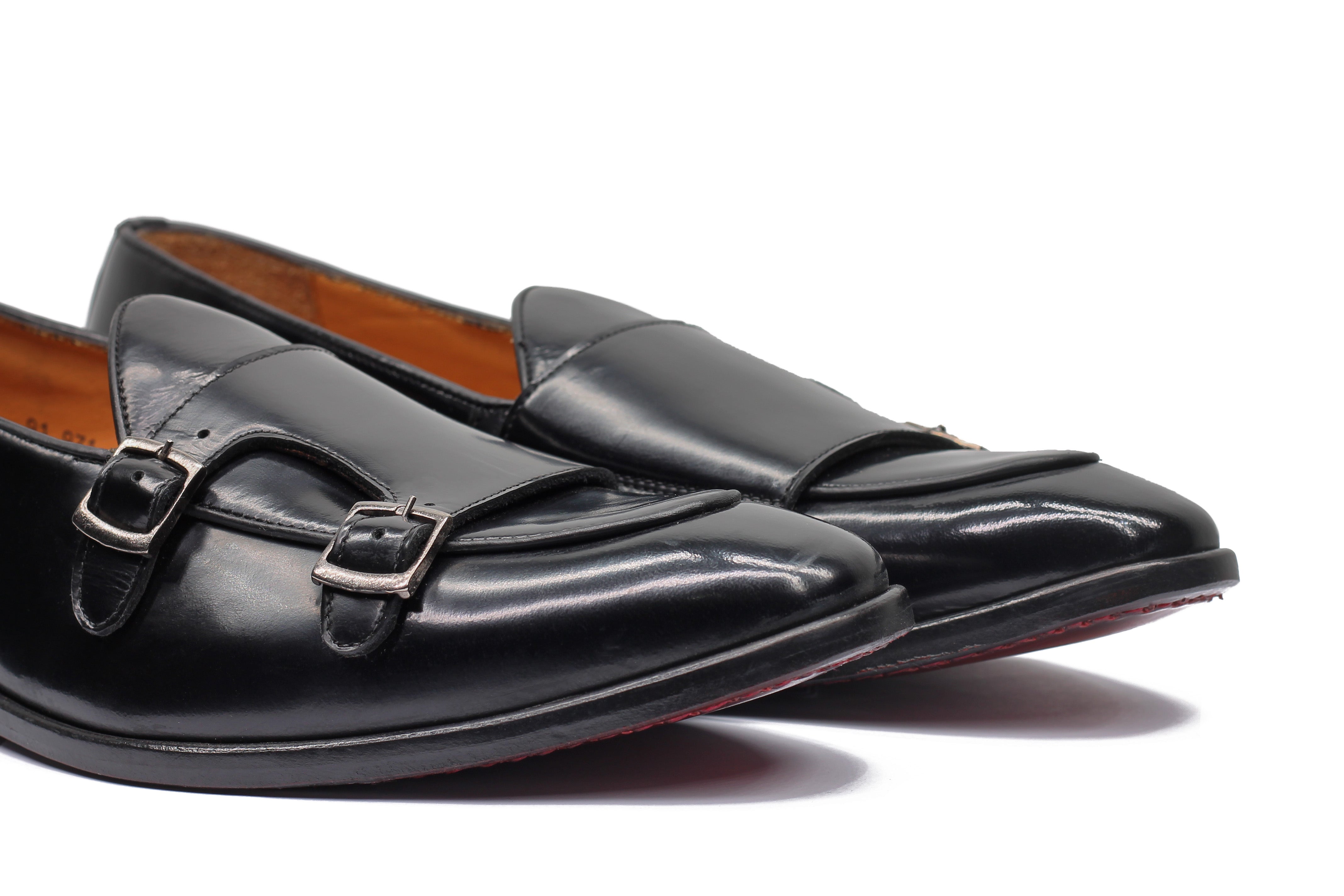 BLACK POLISHED LEATHER DOUBLE MONK SHOES
