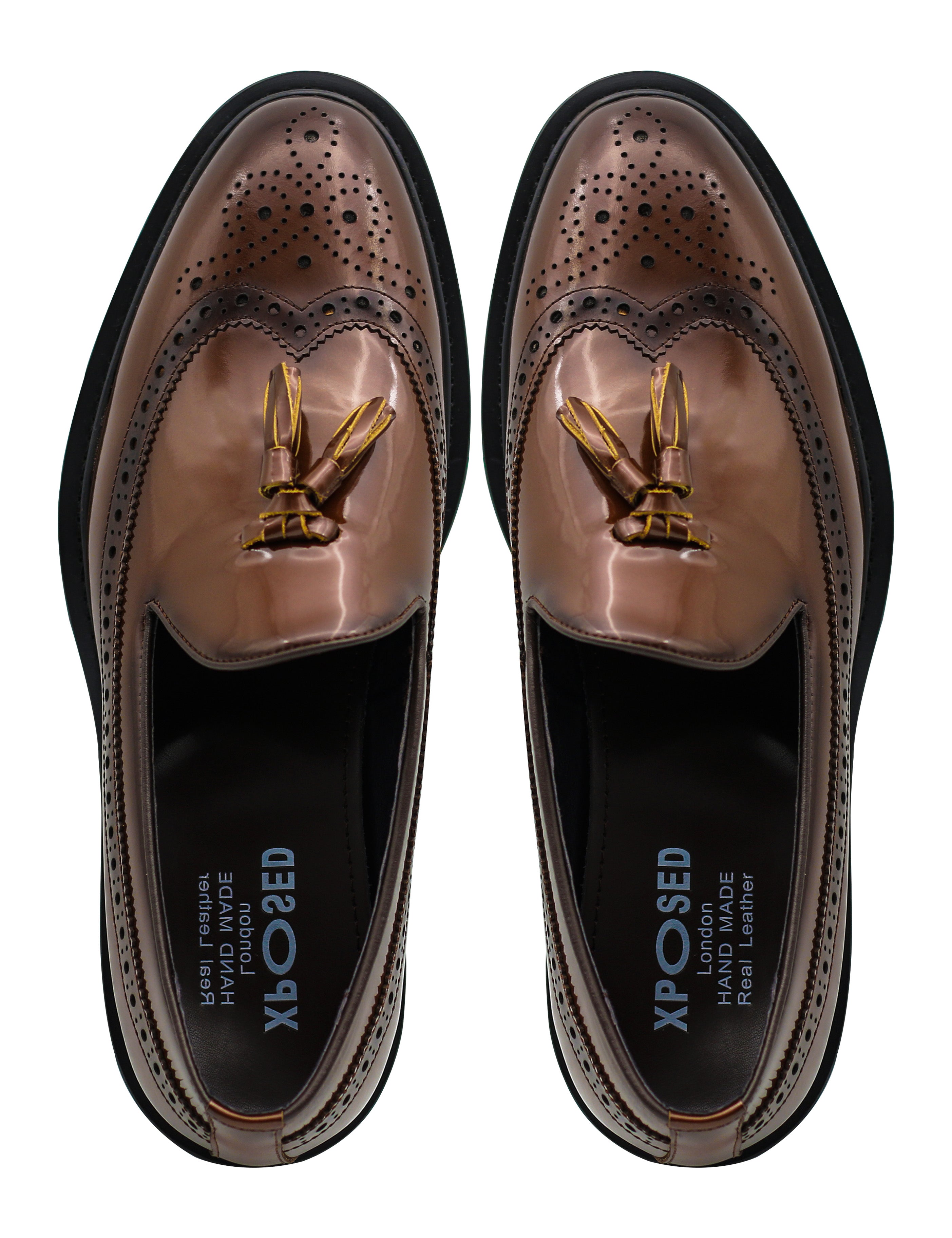 BROWN GLOSS POLISHED LEATHER TASSEL LOAFERS