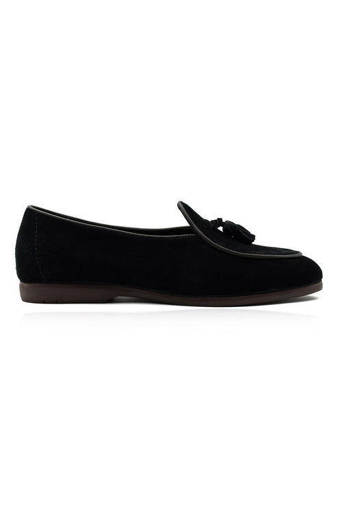 BLACK SOFT SUEDE TASSEL SLIPPERS