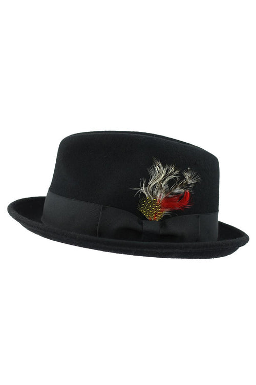 Chapeau Plume Noir 100% Laine Feutrée Bord Fedora Ecrasable - CC308