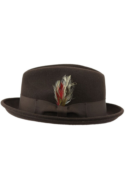 Chapeau Plume Marron 100% Laine Feutrée Bord Fedora Ecrasable - CC308