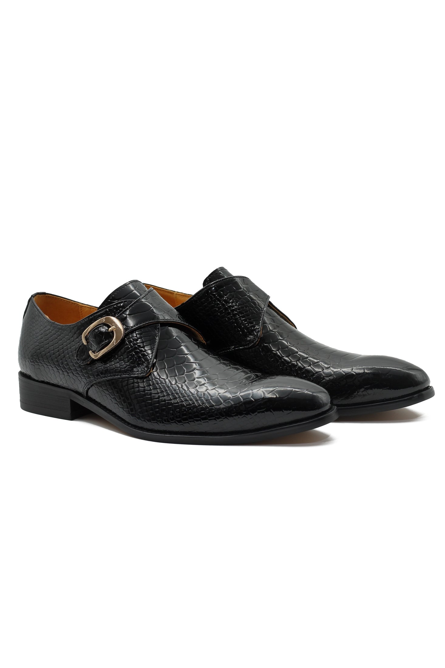 BLACK CROC PRINT PATENT LEATHER MONK SHOES