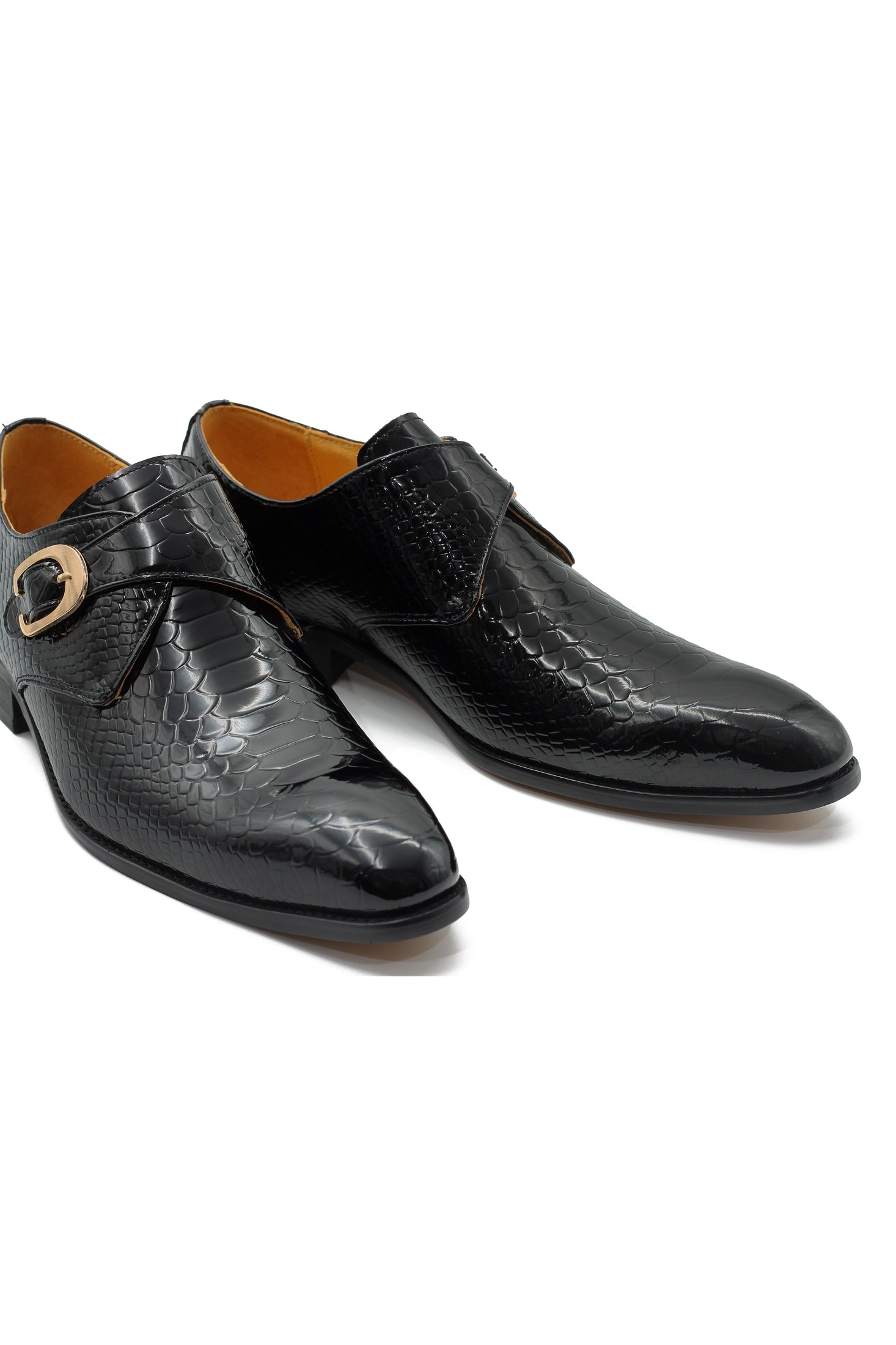 BLACK CROC PRINT PATENT LEATHER MONK SHOES