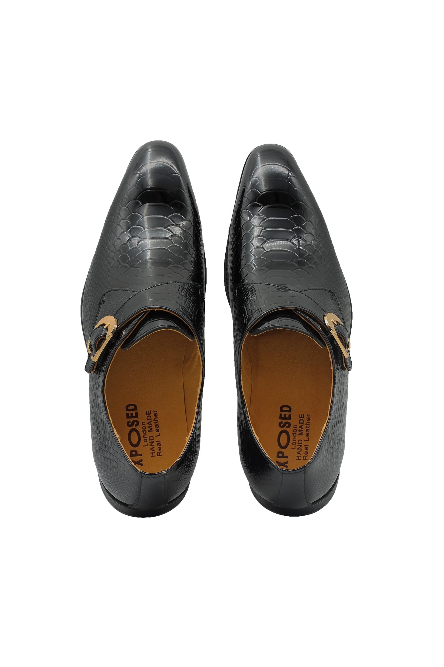 BLACK CROC PRINT PATENT LEATHER MONK SHOES