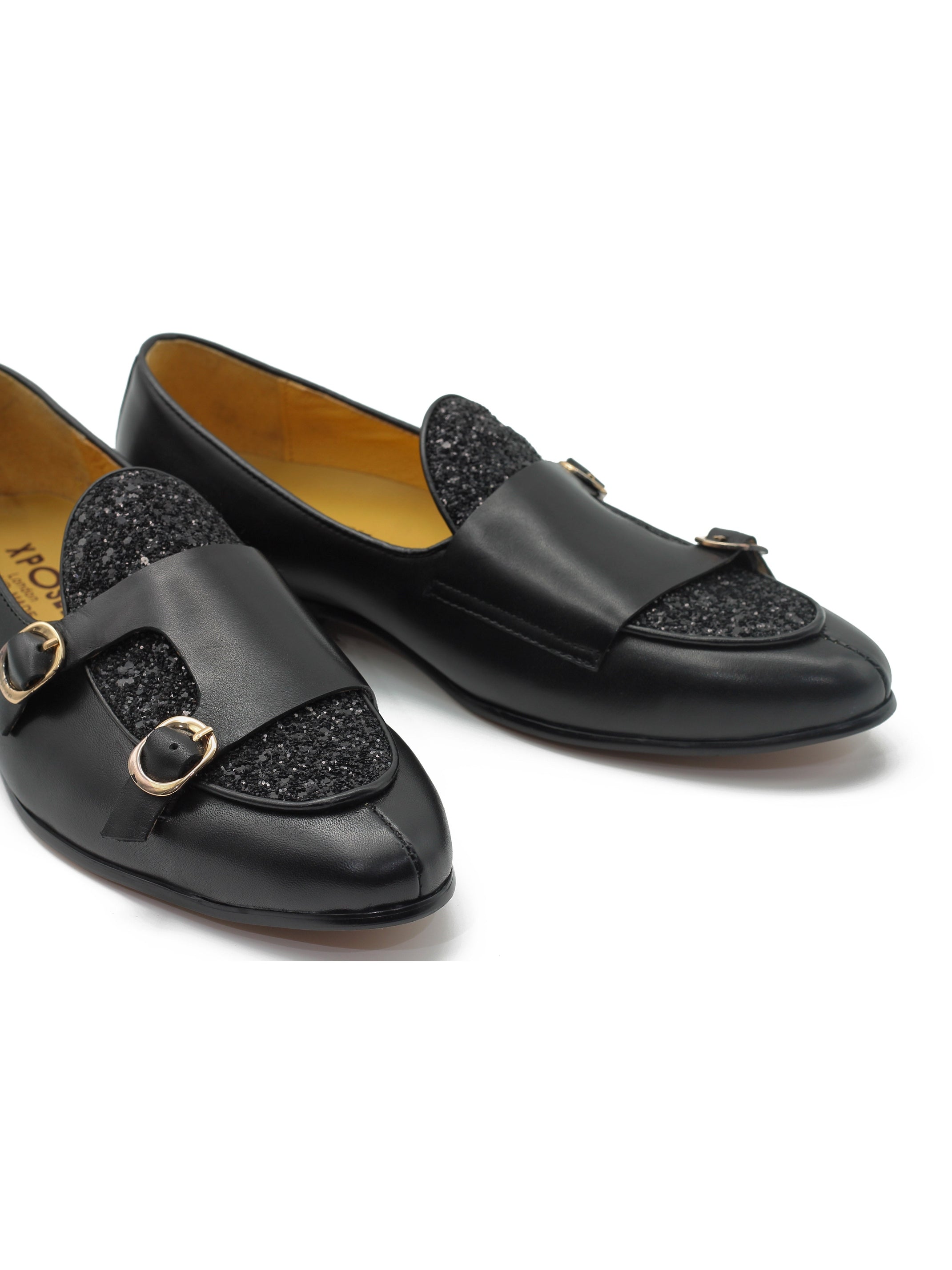 BLACK SHINY GLITTER DOUBLE MONK SHOES