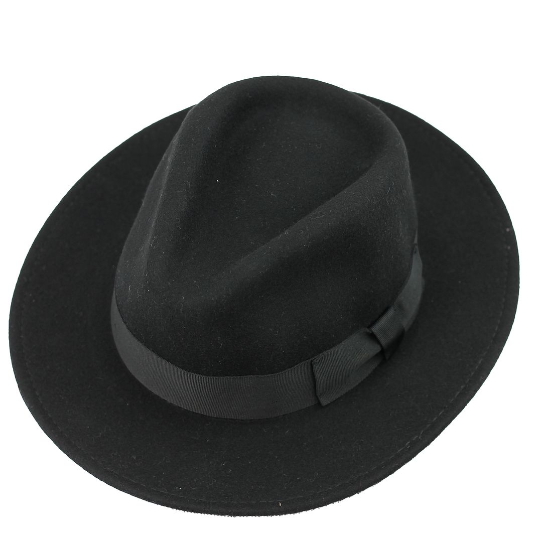 Chapeau noir à large bord Fedora 100 % laine déformable