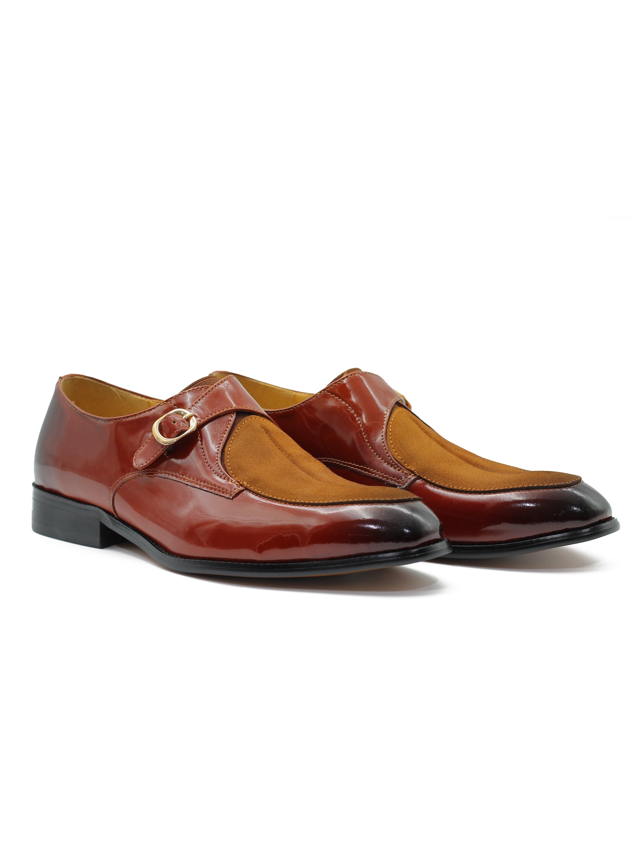 BROWN PATENT LEATHER & SUEDE SINGLE MONK  SHOES