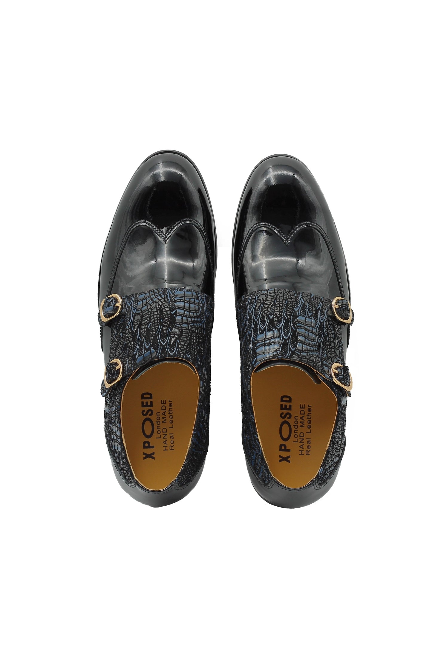 BLACK SHINY PRINTED DOUBLE MONK SHOES