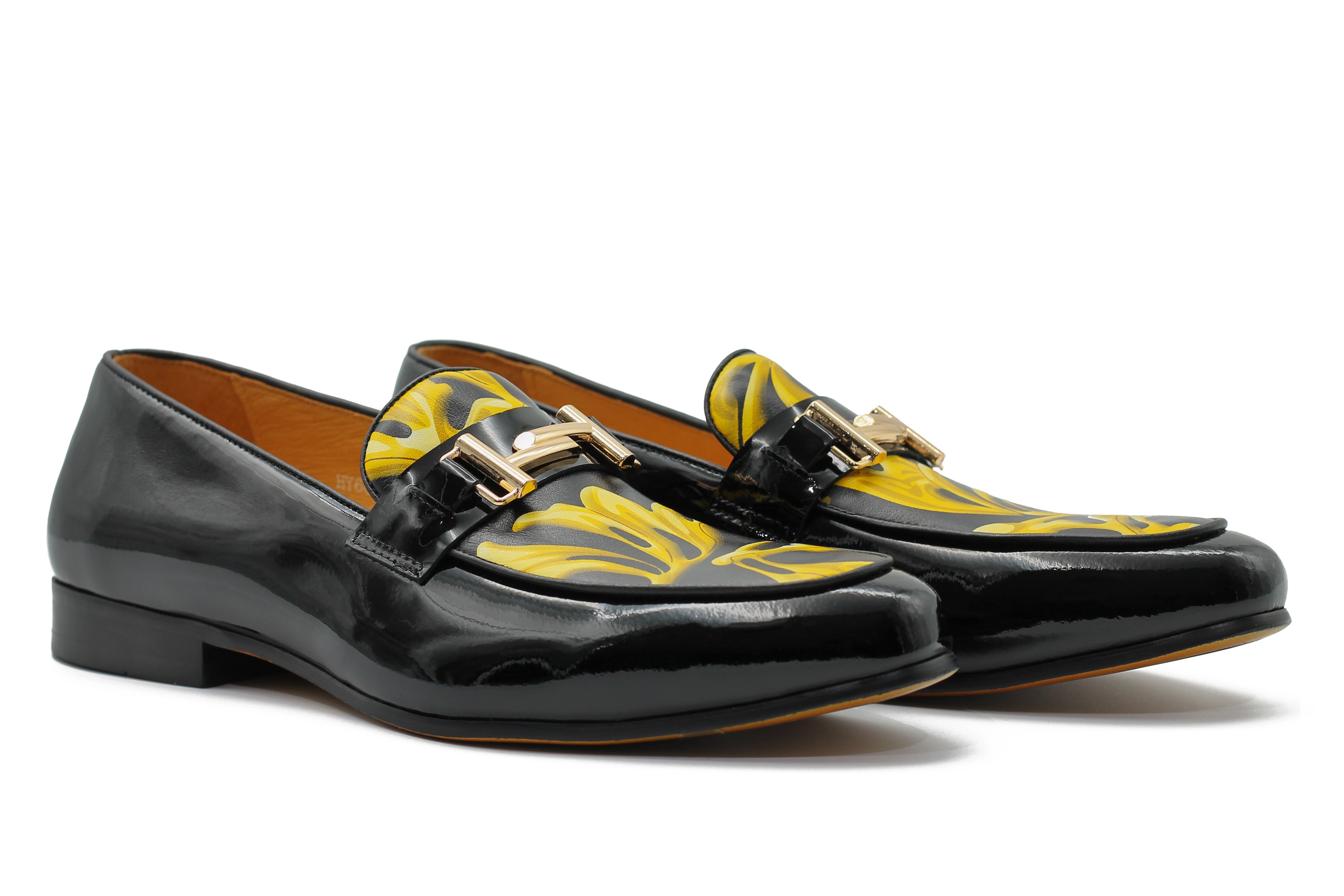 BLACK SHINY GOLD BUCKLE LEATHER LOAFERS