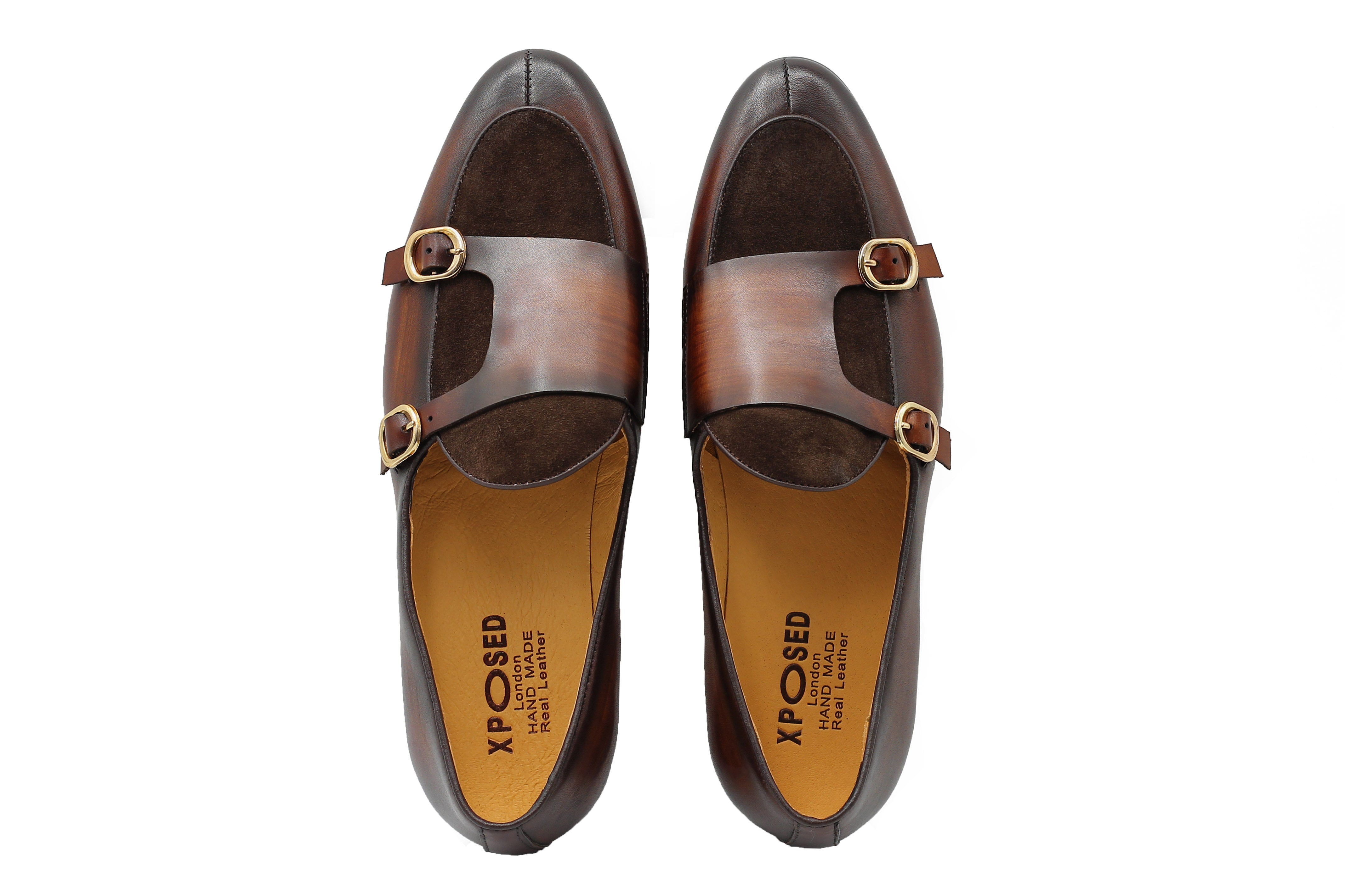 Real Leather Double Monk Strap Brown Loafers
