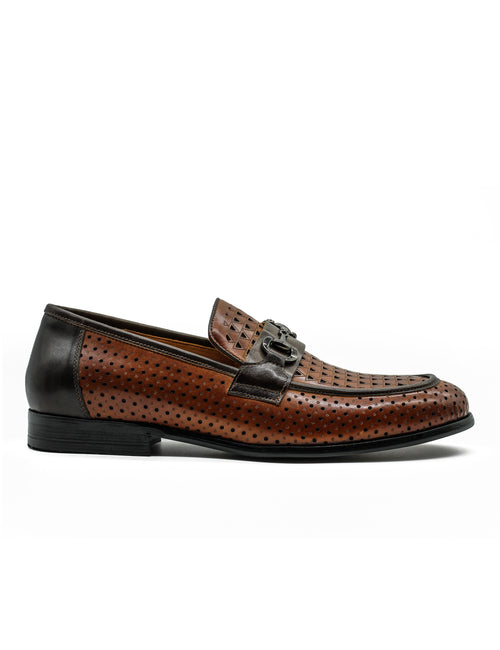 Brown Perforated Real Leather Shoes Snaffle Buckle