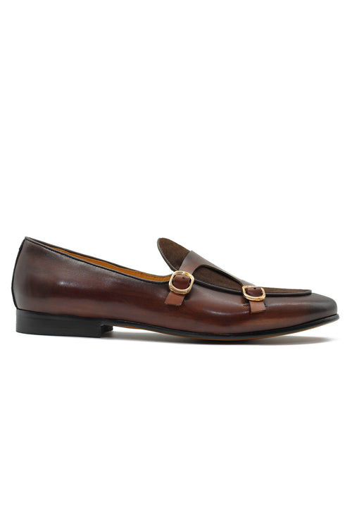Real Leather Double Monk Strap Brown Loafers