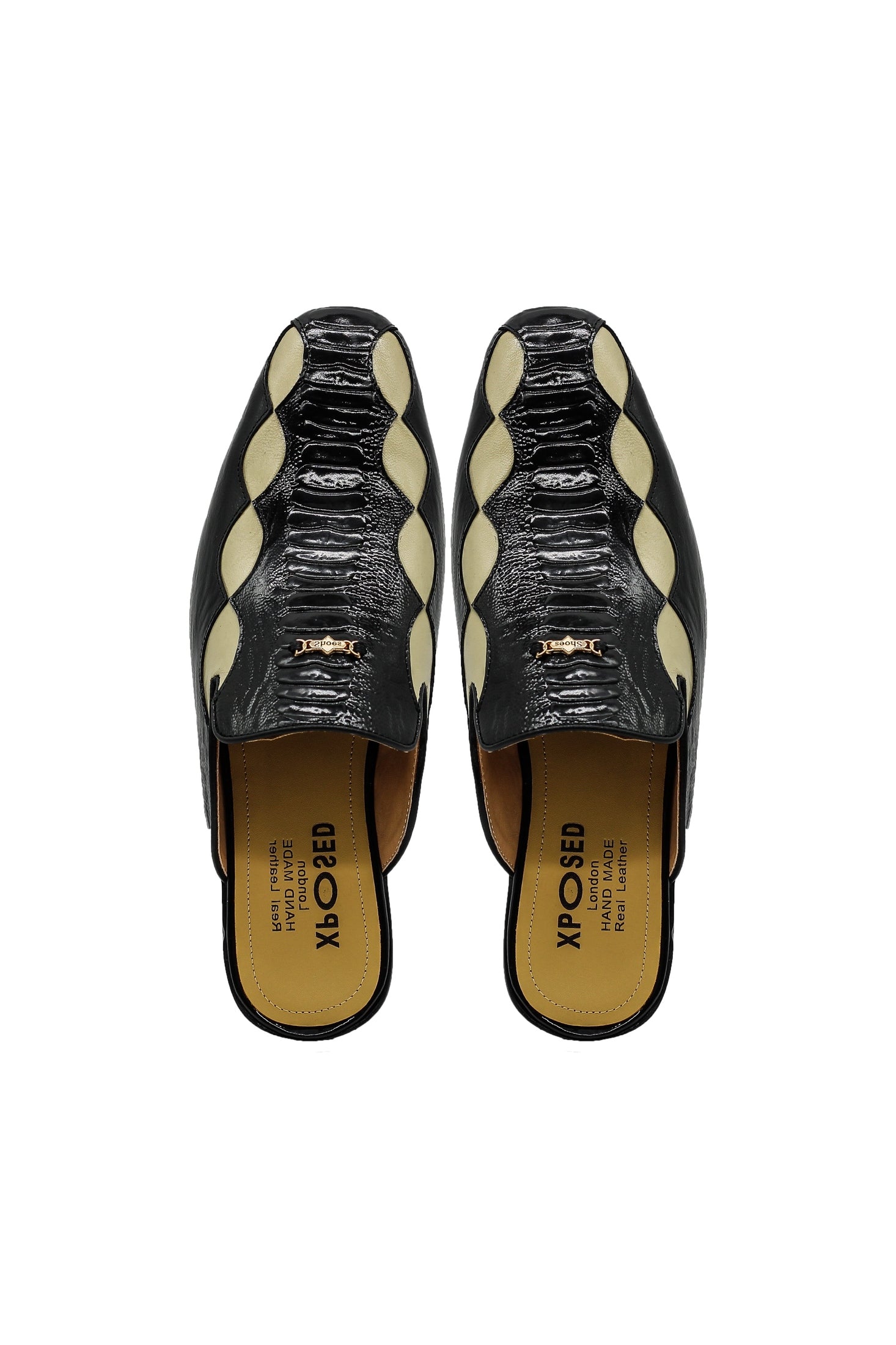Black Cream Real Leather Half Shoes Detailed Printed