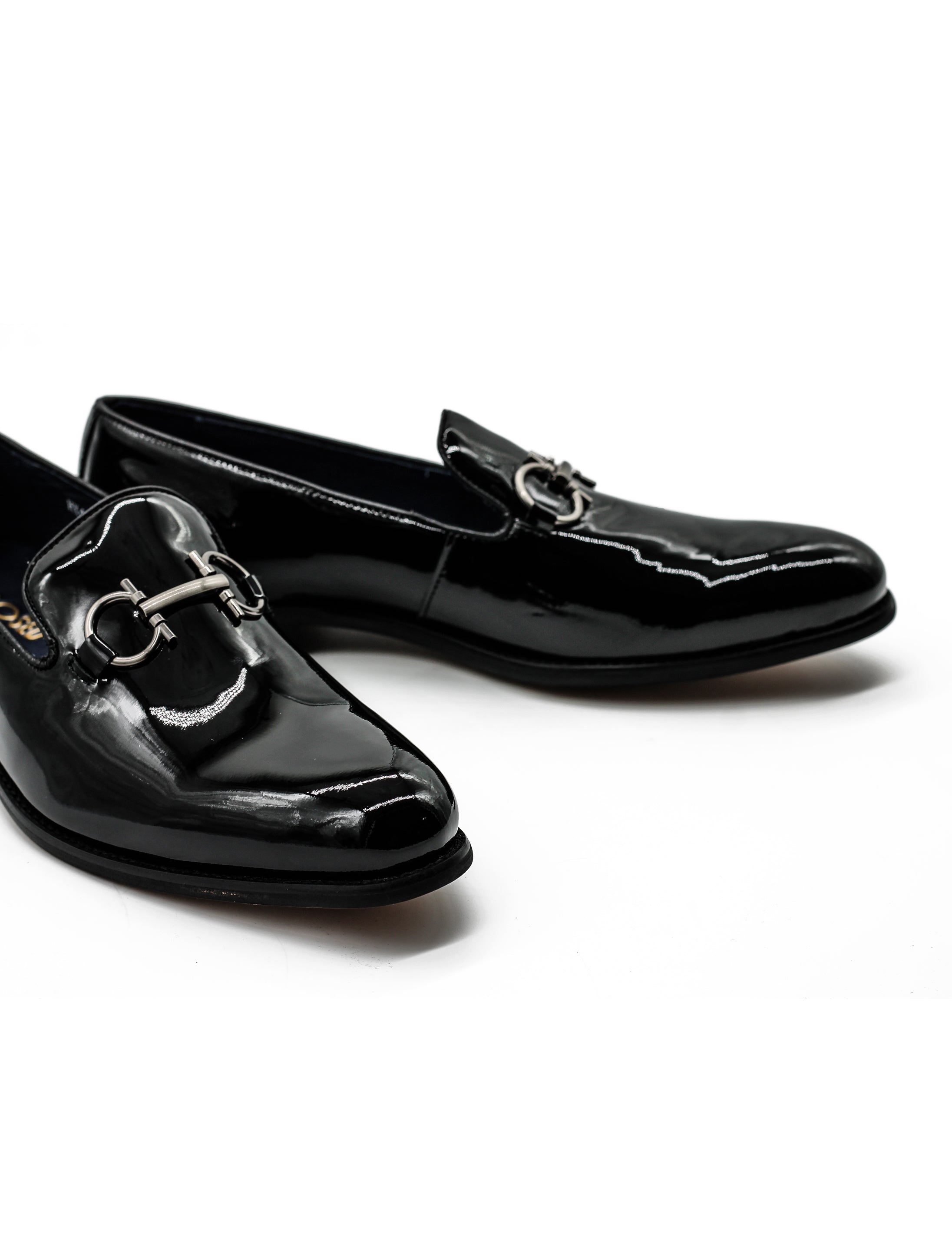 Black Glossy Patent Leather Loafers Snaffle Buckle