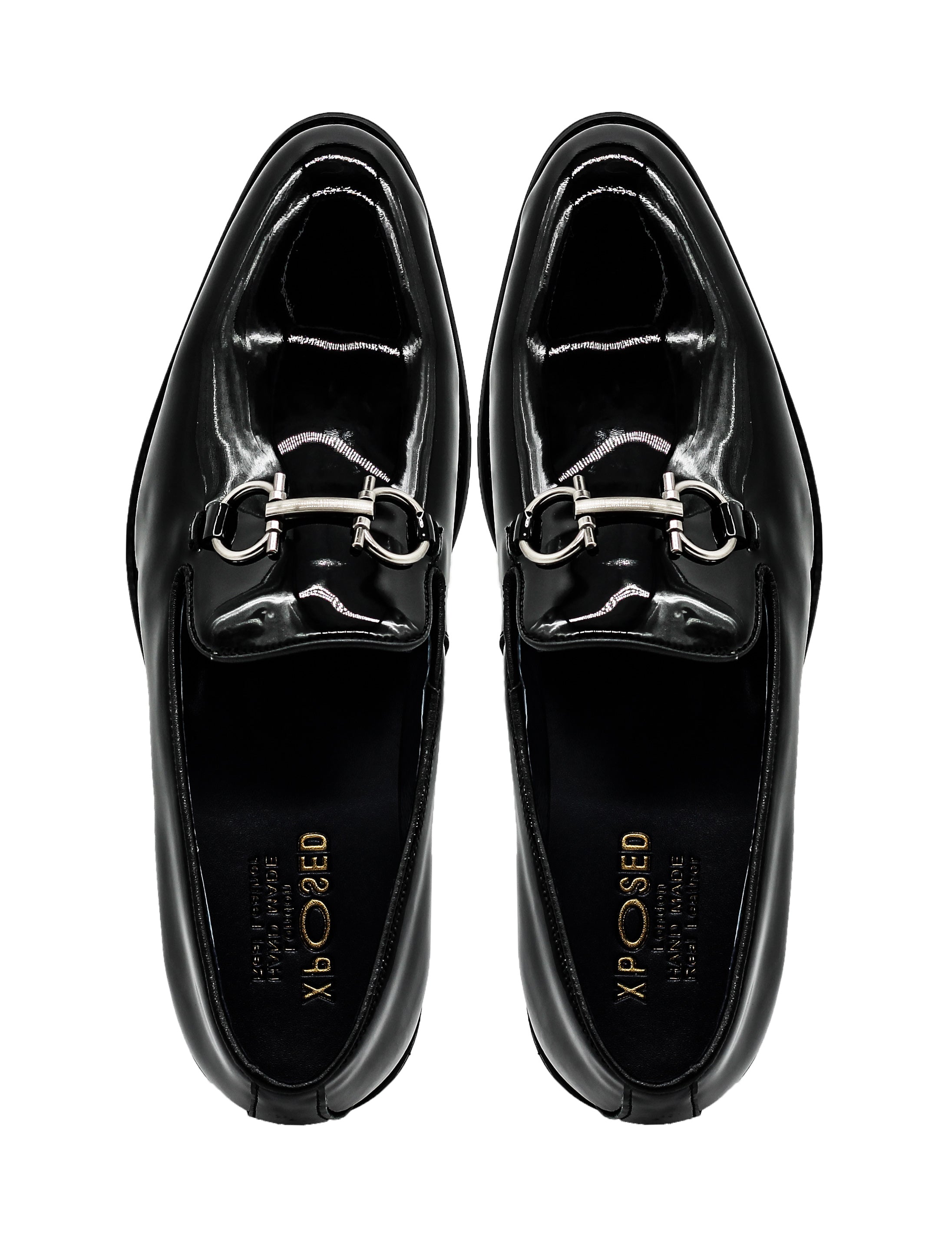 Black Glossy Patent Leather Loafers Snaffle Buckle