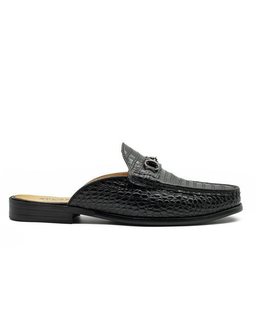 Black Leather Backless Mules Half Shoes