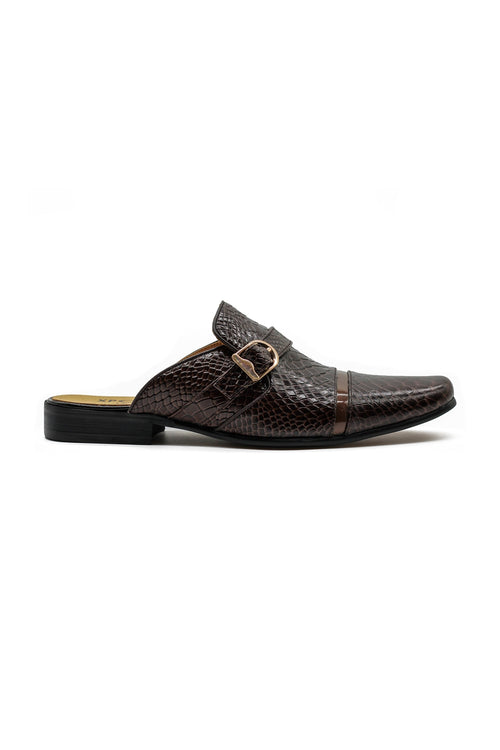 Brown Real Leather Shiny Print Half Shoes – Gold Buckle Detail