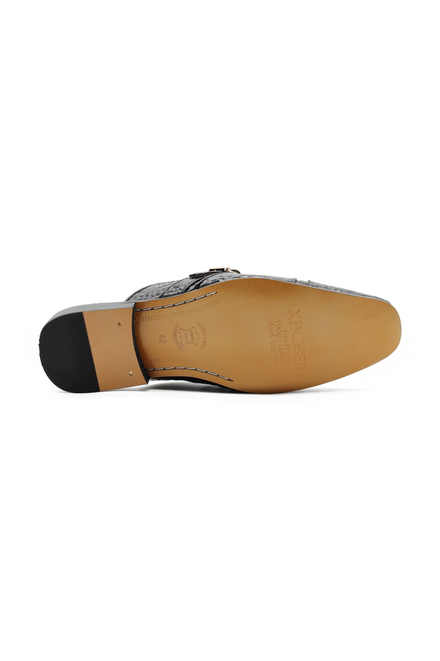 Black Real Leather Shiny Print Half Shoes – Gold Buckle Detail