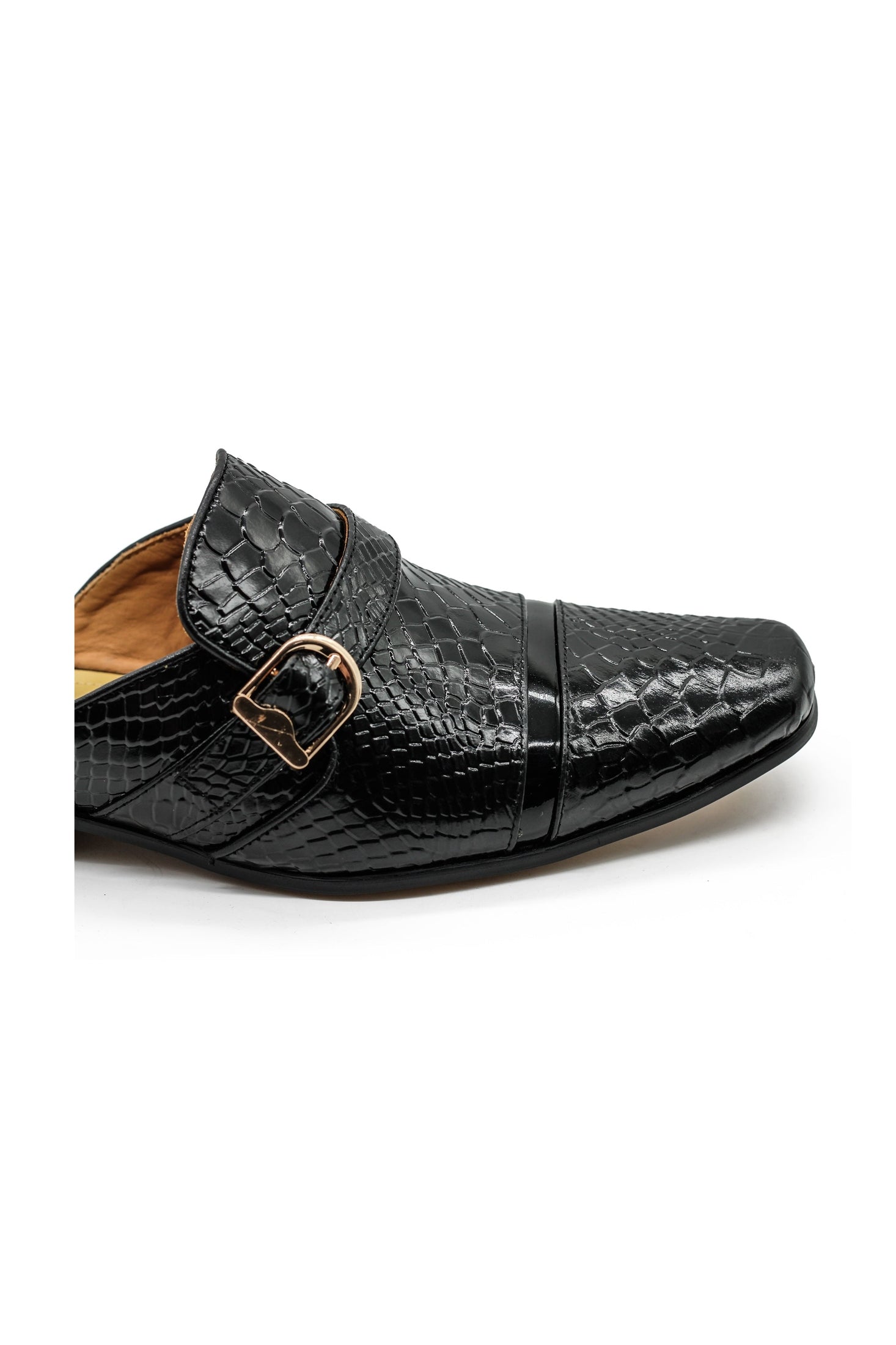 Black Real Leather Shiny Print Half Shoes – Gold Buckle Detail