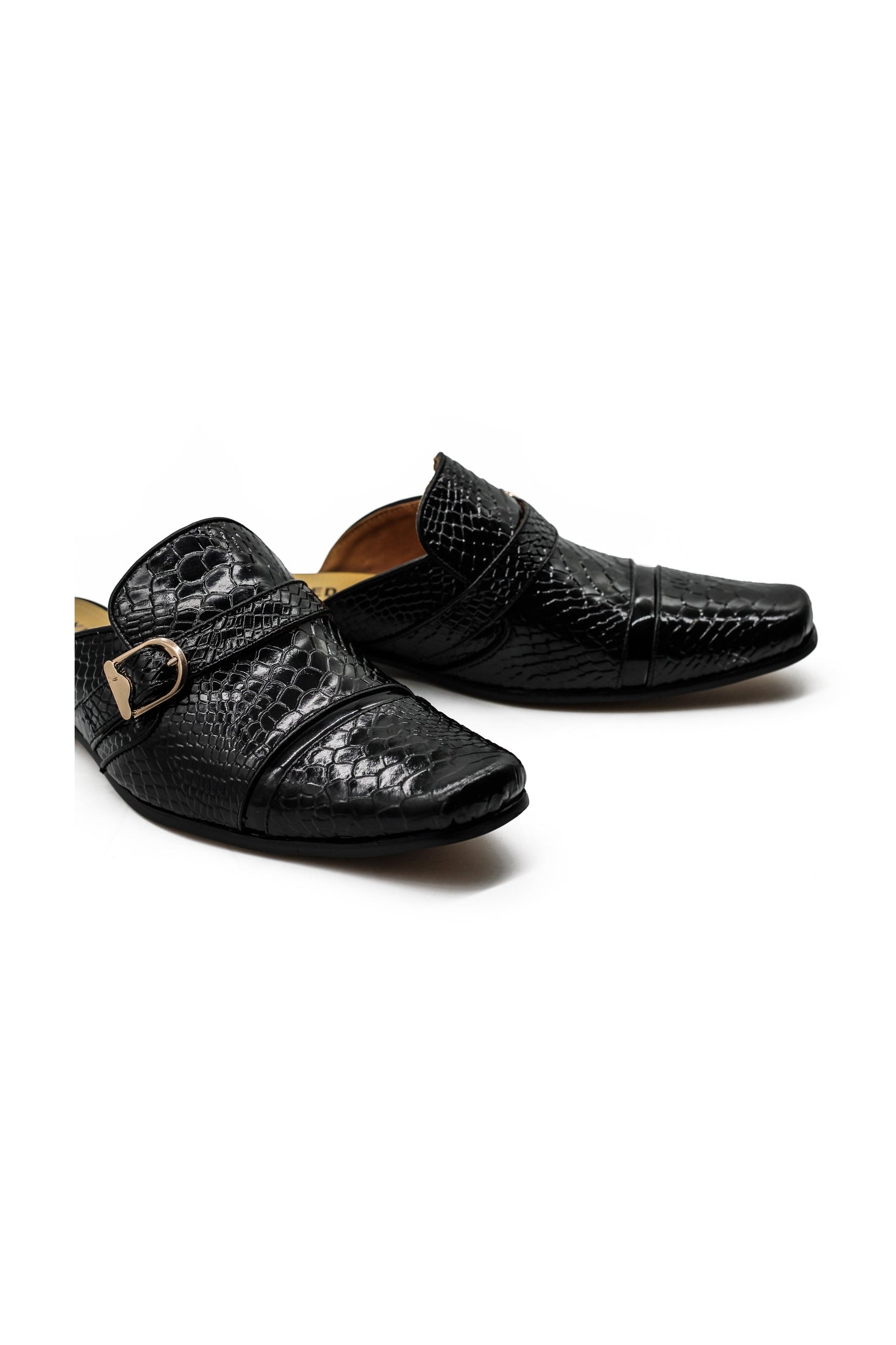 Black Real Leather Shiny Print Half Shoes – Gold Buckle Detail