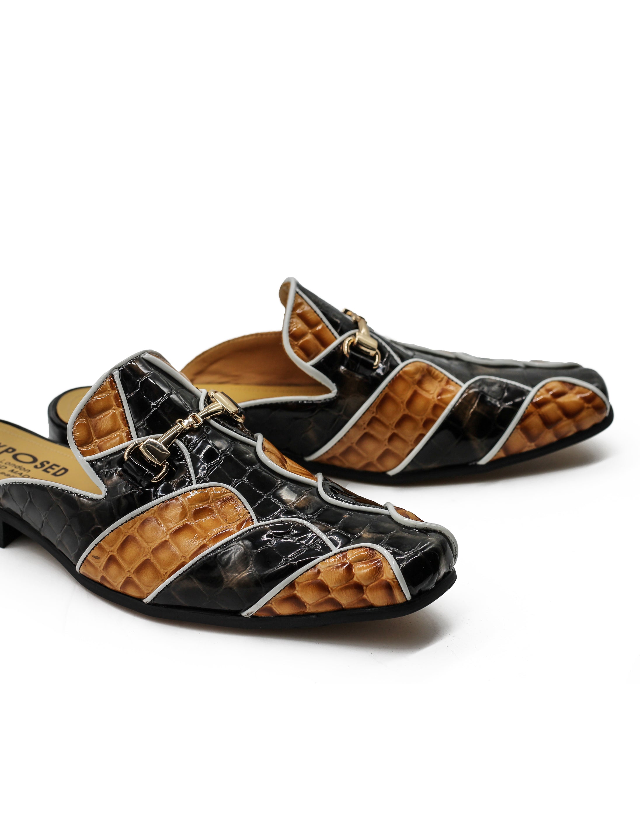 High Shine Real Leather Half Shoes Black Beige Printed