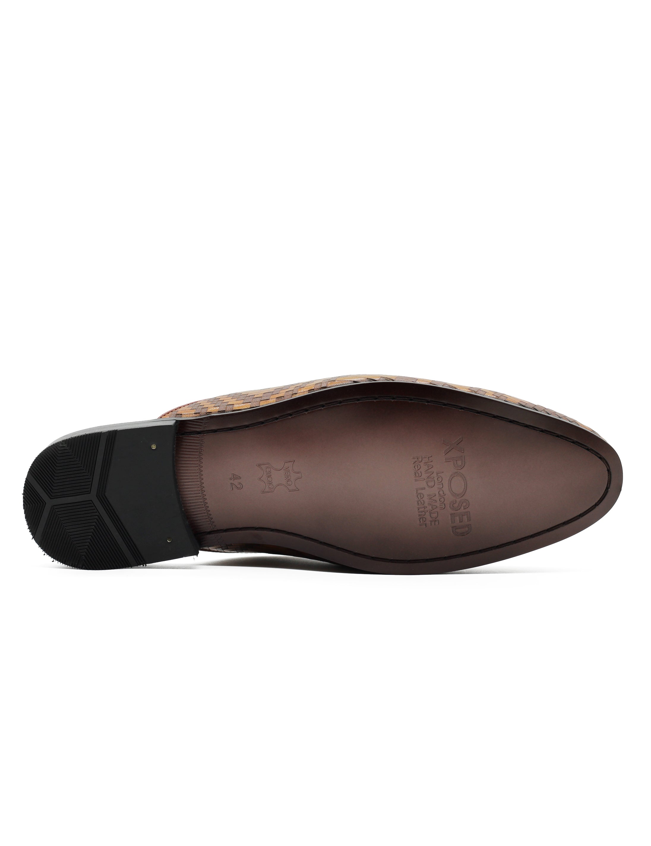 Brown Woven Embossed Leather Half Mules