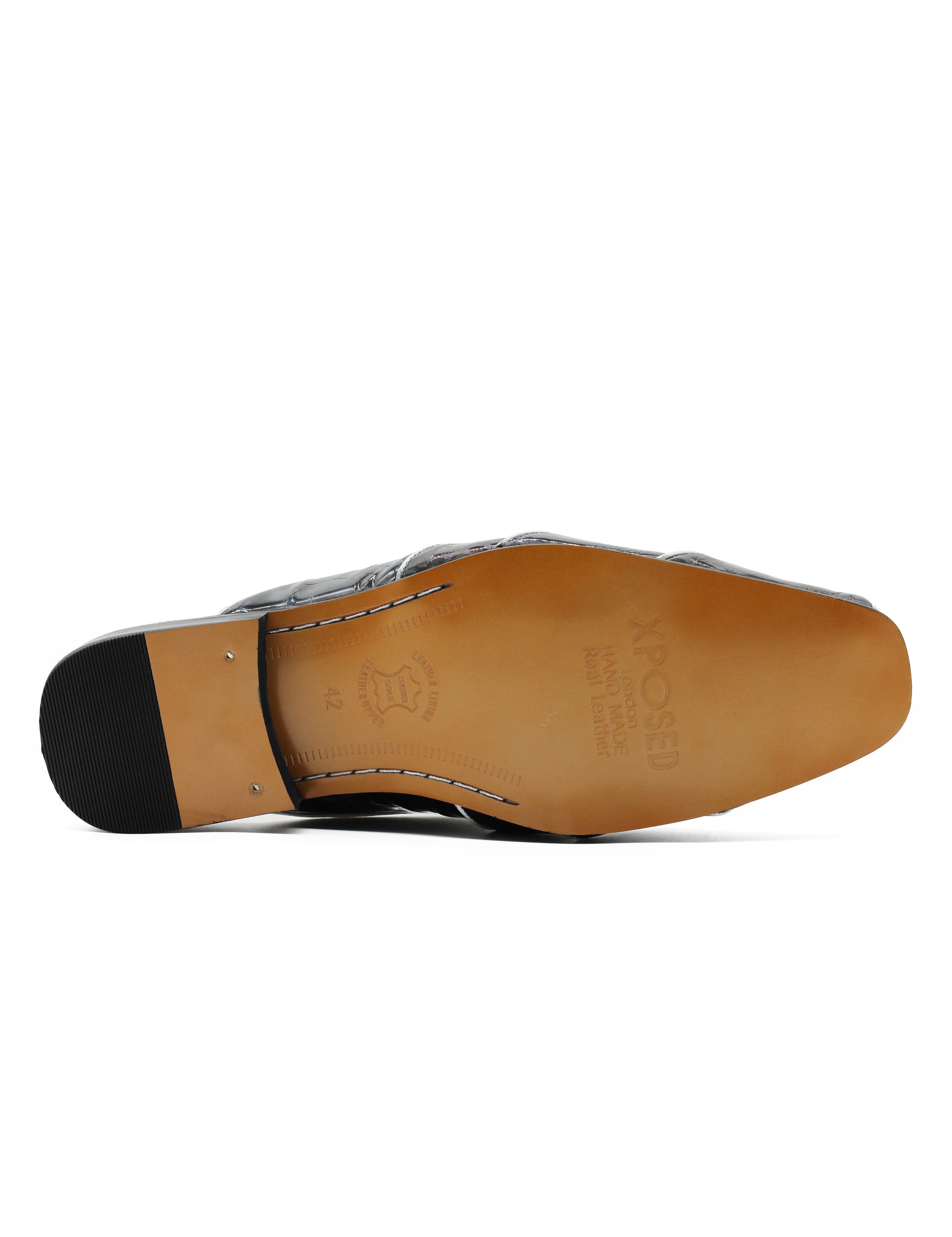 Shiny Black White Real Leather Half Shoes – Gold Buckle