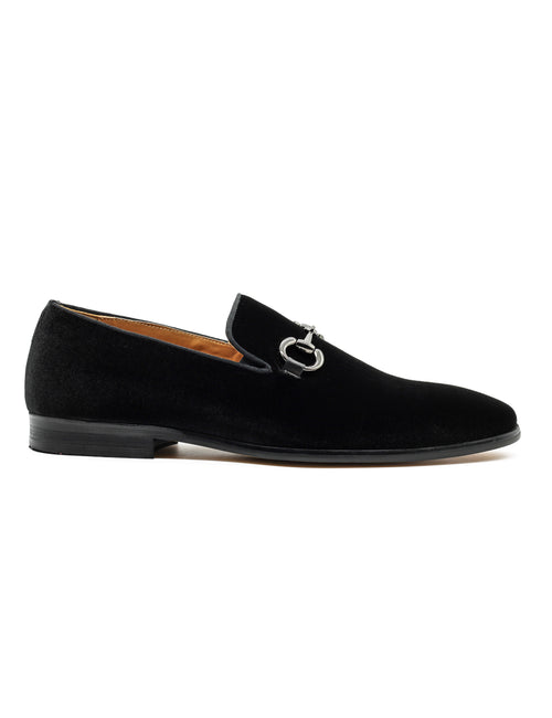 Black Velvet Loafers with Snaffle Bit Buckle