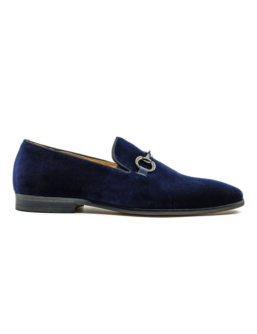 Navy Blue Velvet Loafers with Snaffle Bit Buckle